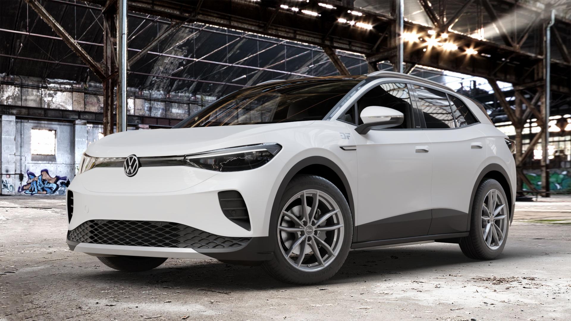 RIAL X12 metal-grey Felge mit Reifen grau in 19Zoll Winterfelge Alufelge auf weissem Volkswagen (VW) ID.4 0,0l 70kW PRO (150kW) (95 PS) Pure (109kW) (125kW) (128kW) 77kW 4Motion (195kW) (105 ⬇️ mit 15mm Tieferlegung ⬇️ Old Industrial Hall_max_4400mm_2024 Frontansicht_1