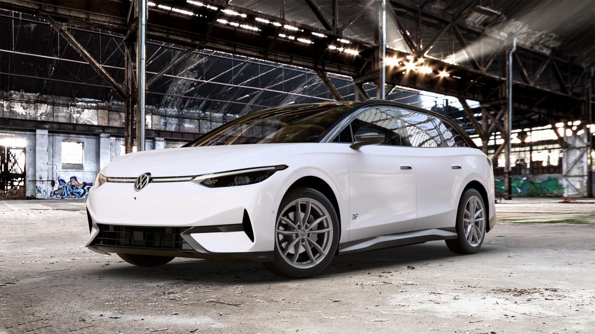 RIAL X12 metal-grey Felge mit Reifen grau in 19Zoll Winterfelge Alufelge auf weissem Volkswagen (VW) ID.7 Tourer ⬇️ mit 15mm Tieferlegung ⬇️ Old Industrial Hall_max_5300mm_2024 Frontansicht_1
