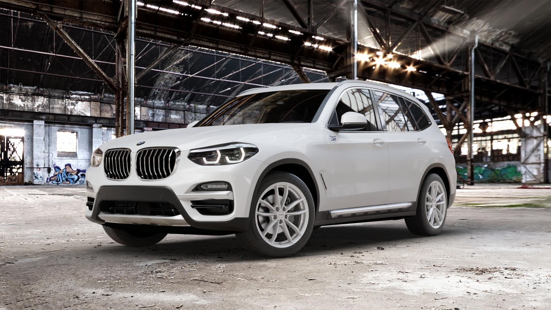 RIAL X12 polar-silber Felge mit Reifen in 19Zoll Winterfelge Alufelge auf weissem BMW X3 Typ G01 (G3X) ⬇️ mit 15mm Tieferlegung ⬇️ Old Industrial Hall_max_5300mm_2024 Frontansicht_1
