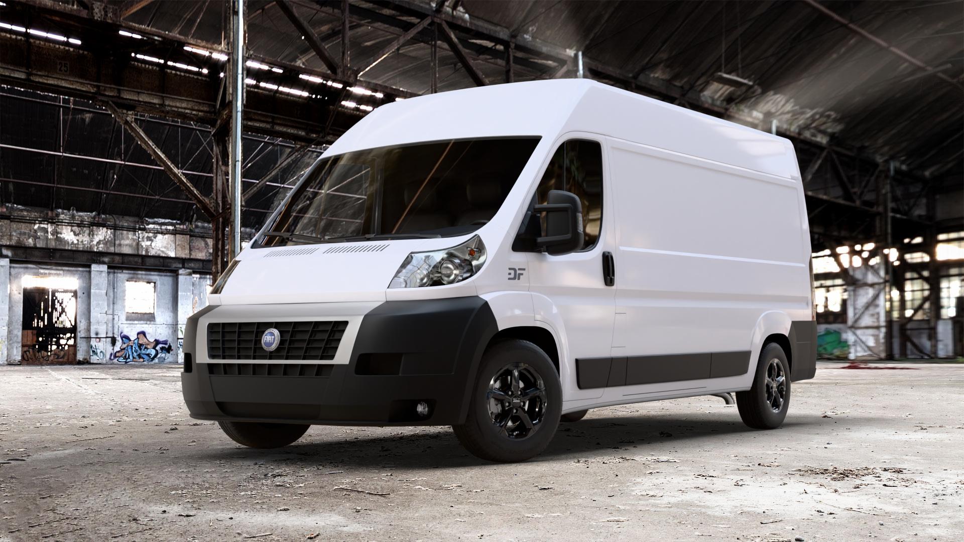 RONAL CA1 JETBLACK Felge mit Reifen schwarz in 16Zoll Winterfelge Alufelge auf weissem Fiat Ducato Kasten Typ 250 ⬇️ mit 15mm Tieferlegung ⬇️ Old Industrial Hall_max_7000mm_2024 Frontansicht_1