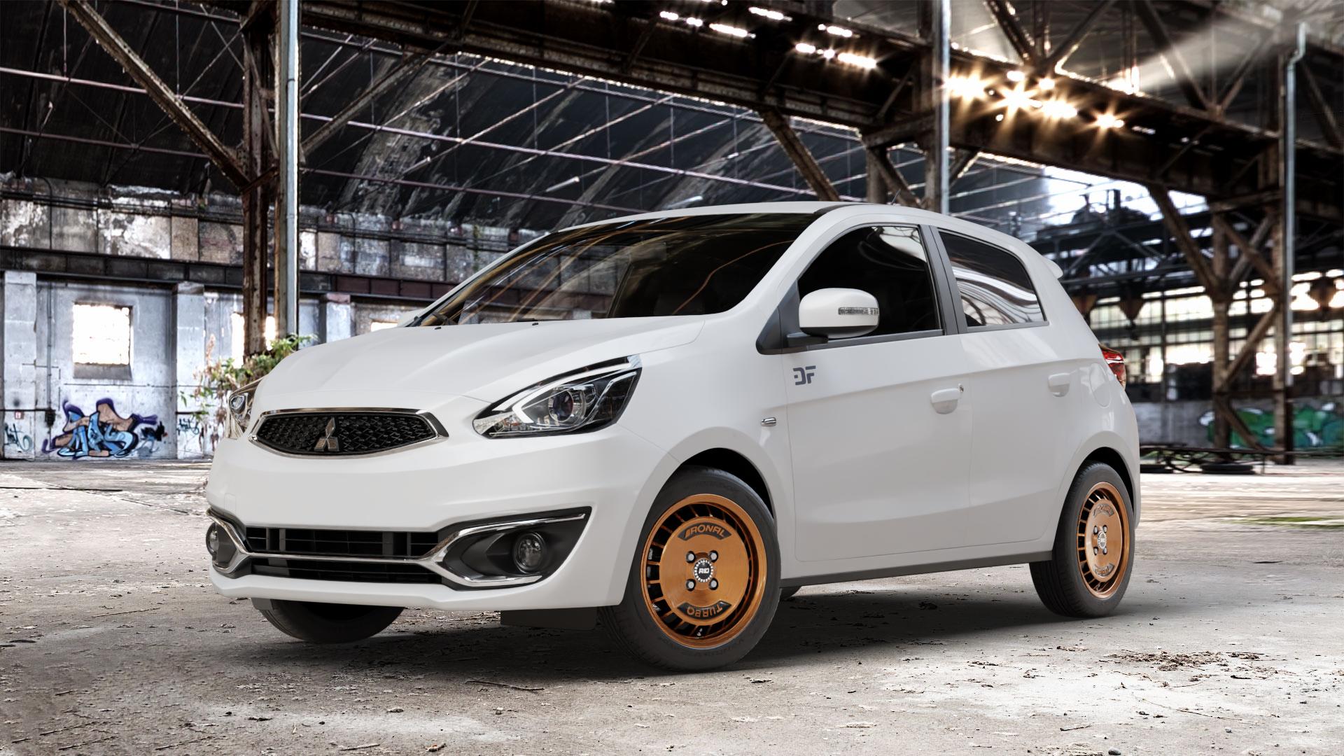 RONAL R10 TURBO COPPER MATT FRONT DIAMOND CUT Felge mit Reifen schwarz bronze in 15Zoll Winterfelge Alufelge auf weissem Mitsubishi Space Star II Typ A00 Facelift ⬇️ mit 15mm Tieferlegung ⬇️ Old Industrial Hall_max_4400mm_2024 Frontansicht_1