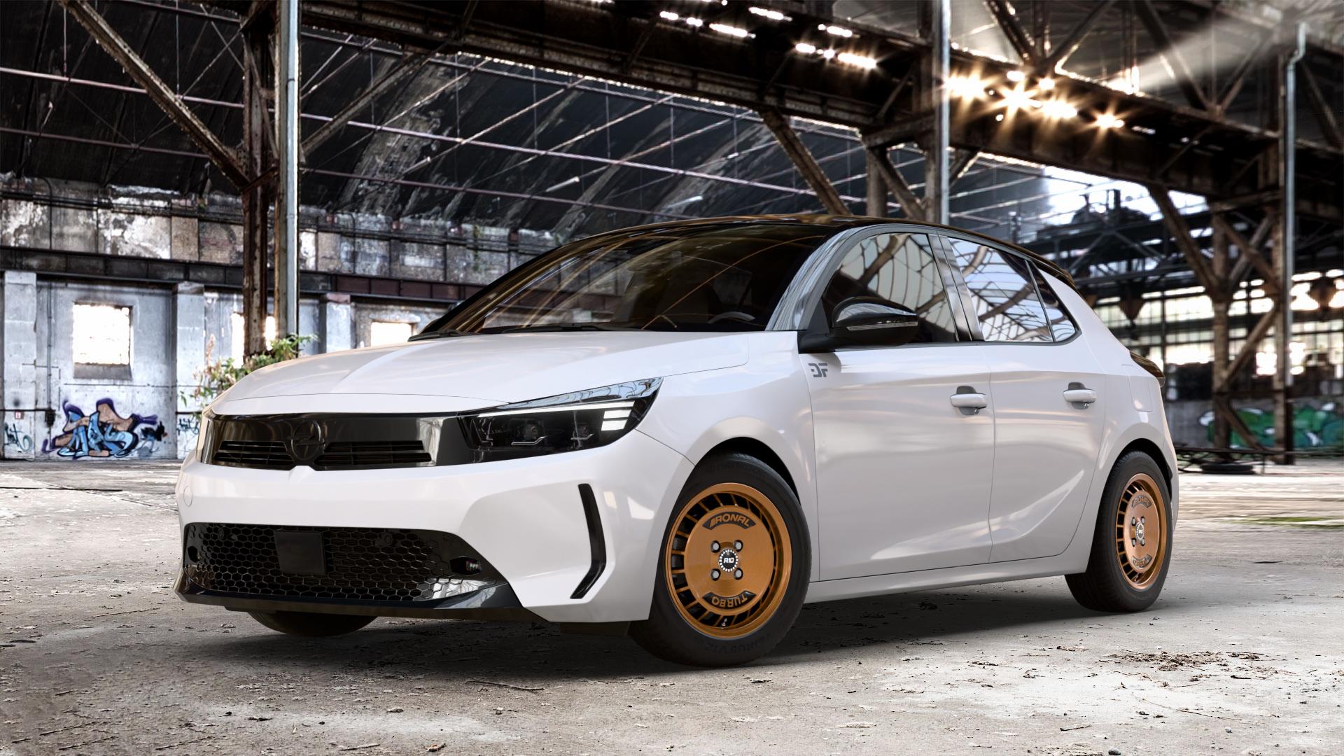 RONAL R10 TURBO COPPER MATT FRONT DIAMOND CUT Felge mit Reifen schwarz bronze in 15Zoll Winterfelge Alufelge auf weissem Opel Corsa F Typ U Facelift 0,0l 57kW Corsa-e (77 PS) 62kW (84 1,2l Turbo 74kW Mild-Hybrid (101 100kW (136 ⬇️ mit 15mm Tieferlegung ⬇️ Old Industrial Hall_max_4400mm_2024 Frontansicht_1