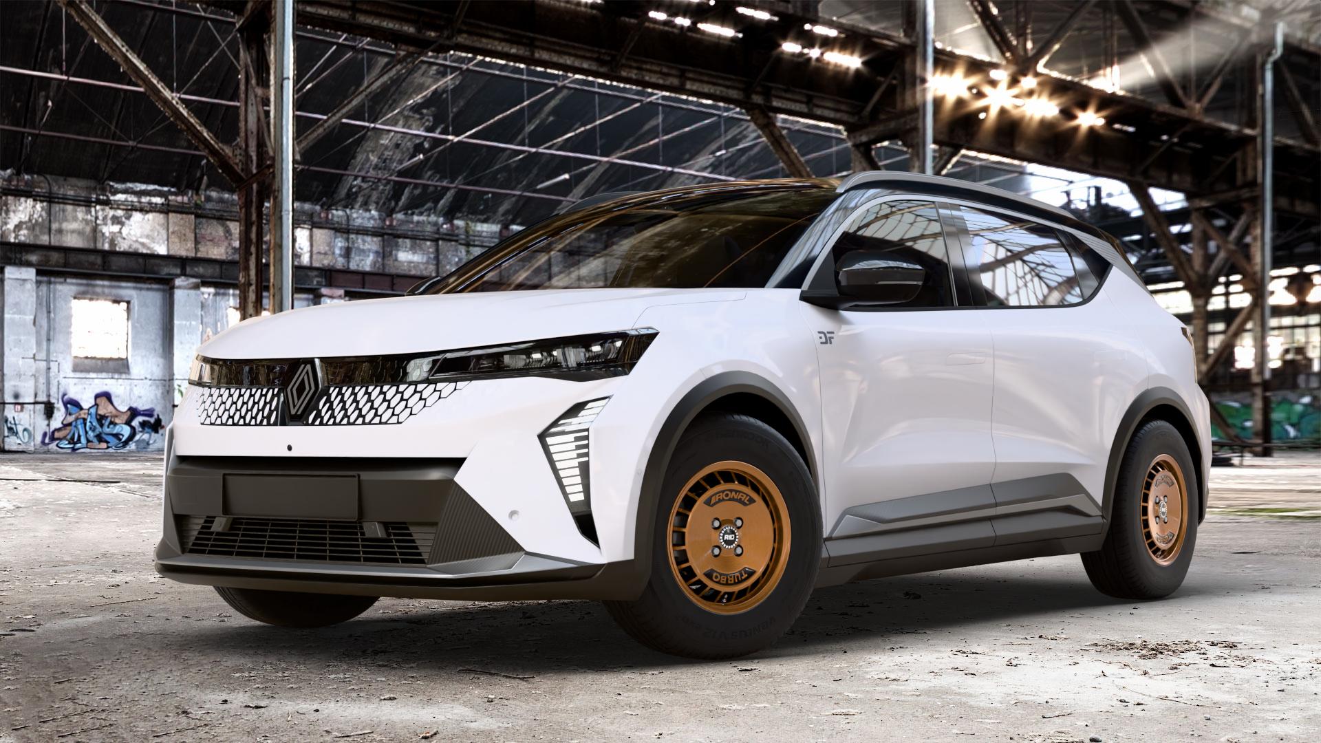 RONAL R10 TURBO COPPER MATT FRONT DIAMOND CUT Felge mit Reifen schwarz bronze in 15Zoll Winterfelge Alufelge auf weissem Renault Scénic V E-Tech Typ RCB 0,0l 55kW (75 PS) ⬇️ mit 15mm Tieferlegung ⬇️ Old Industrial Hall_max_4400mm_2024 Frontansicht_1