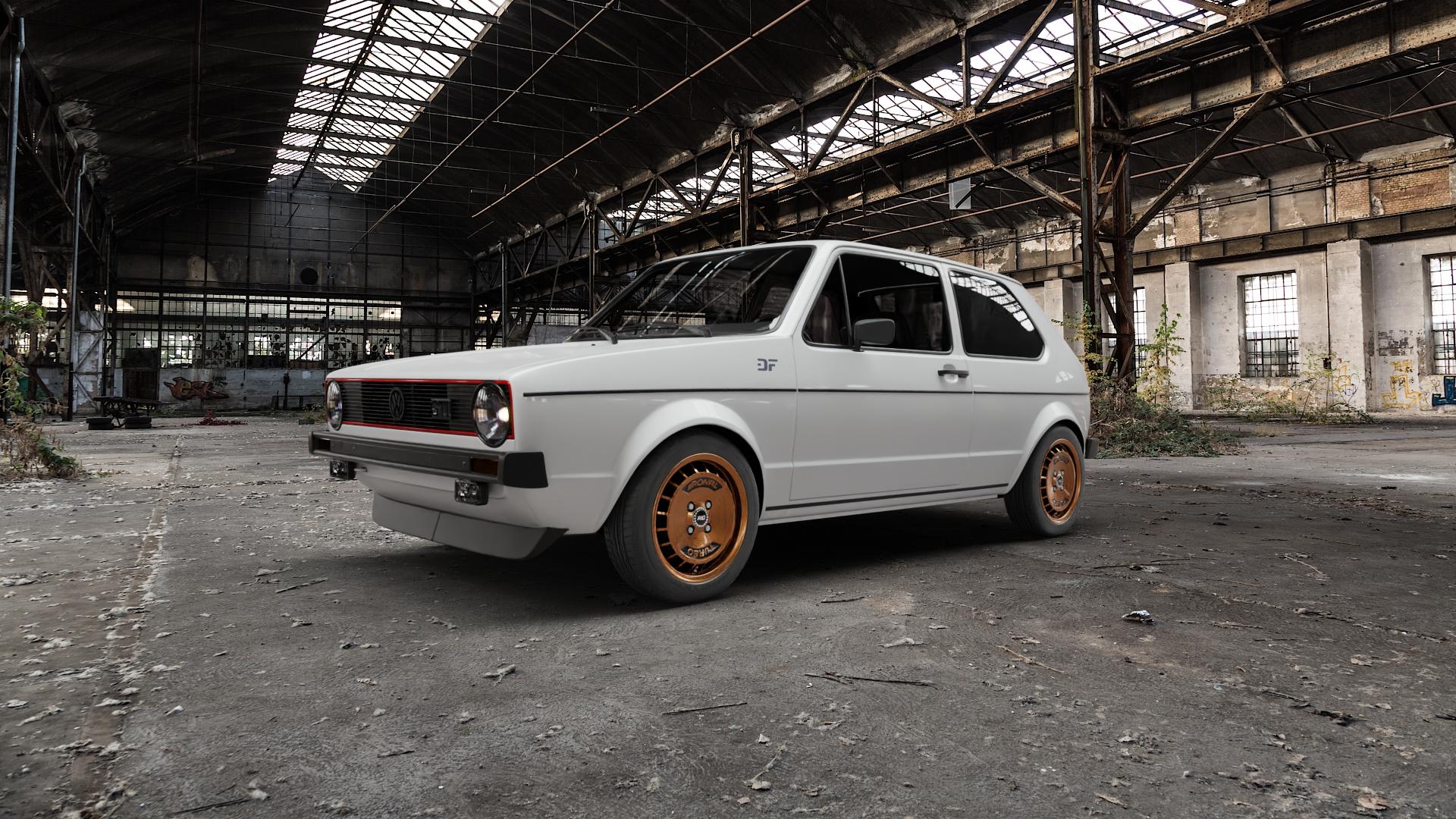 RONAL R10 TURBO COPPER MATT FRONT DIAMOND CUT Felge mit Reifen schwarz bronze in 15Zoll Winterfelge Alufelge auf weissem Volkswagen (VW) Golf 1 1,6l GTI 81kW (110 PS) 1,8l 82kW (111 Cabrio ⬇️ mit 15mm Tieferlegung ⬇️ Old Industrial Hall_max5000mm_2022 Frontansicht_1