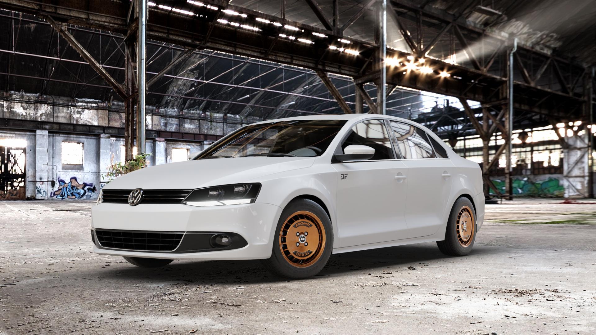 RONAL R10 TURBO COPPER MATT FRONT DIAMOND CUT Felge mit Reifen schwarz bronze in 15Zoll Winterfelge Alufelge auf weissem Volkswagen (VW) Jetta 6 Typ 16 Facelift ⬇️ mit 15mm Tieferlegung ⬇️ Old Industrial Hall_max_5300mm_2024 Frontansicht_1