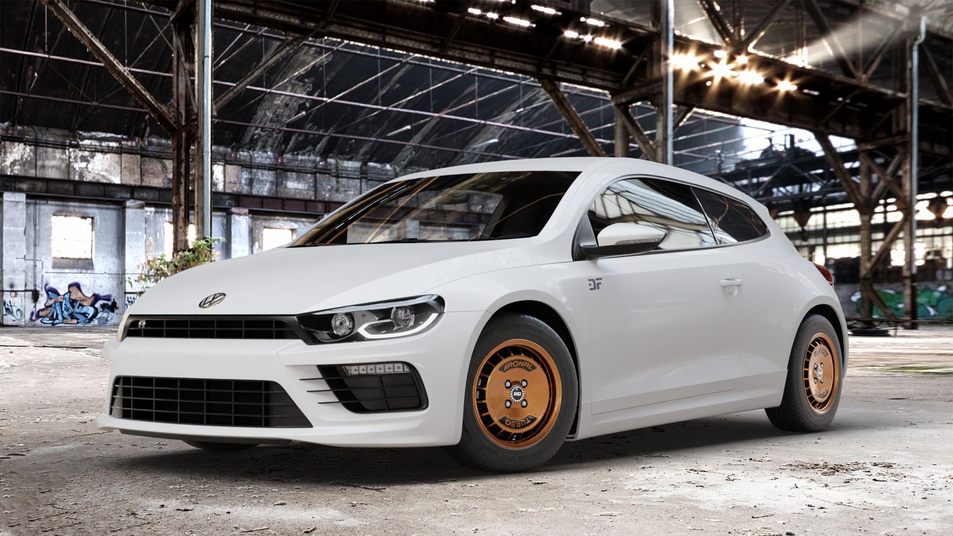 RONAL R10 TURBO COPPER MATT FRONT DIAMOND CUT Felge mit Reifen schwarz bronze in 15Zoll Winterfelge Alufelge auf weissem Volkswagen (VW) Scirocco III Typ 13 Facelift ⬇️ mit 15mm Tieferlegung ⬇️ Old Industrial Hall_max_4400mm_2024 Frontansicht_1