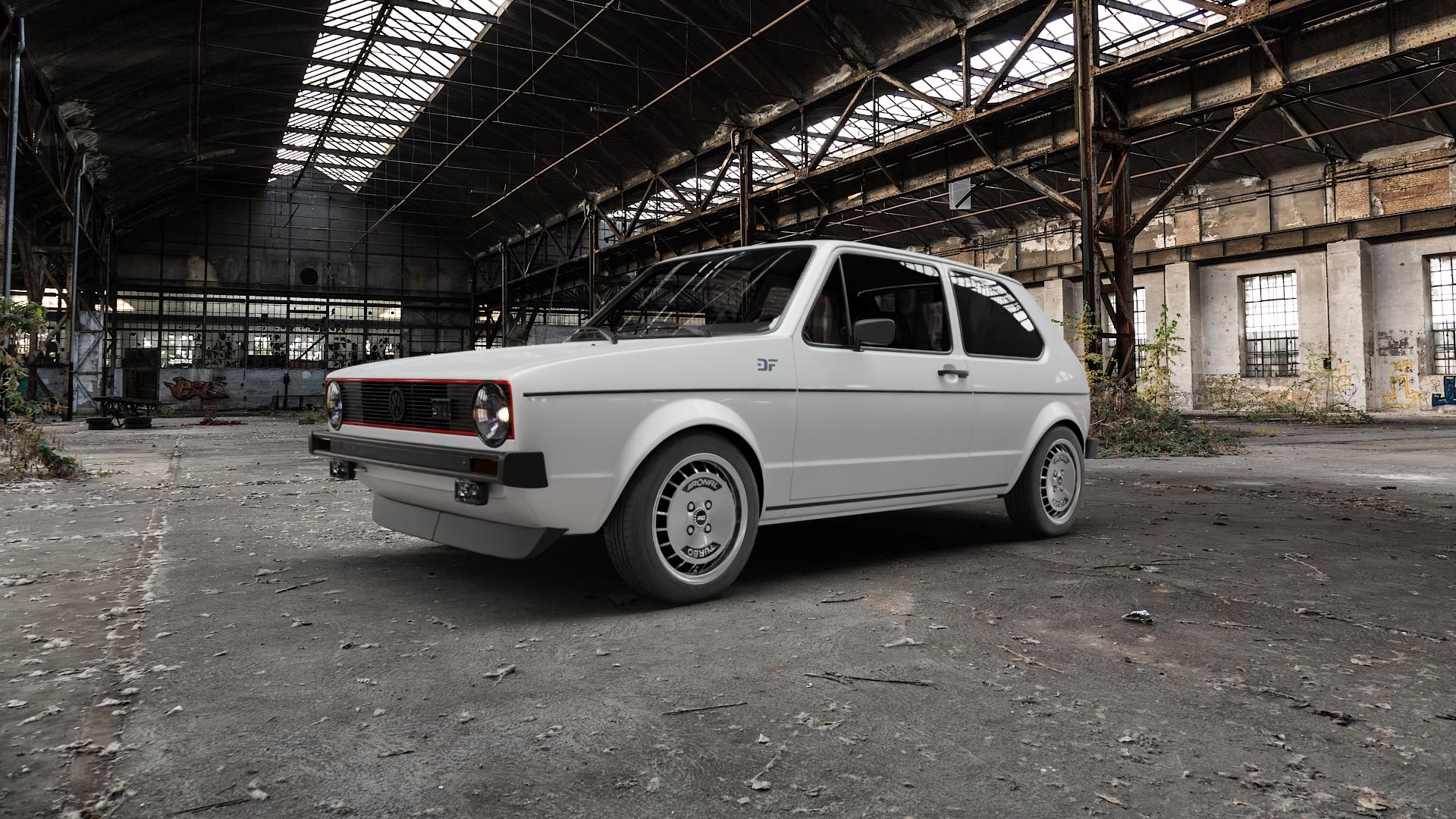 RONAL R10 TURBO SCHWARZ FRONTKOPIERT Felge mit Reifen silber in 15Zoll Winterfelge Alufelge auf weissem Volkswagen (VW) Golf 1 1,6l GTI 81kW (110 PS) 1,8l 82kW (111 Cabrio ⬇️ mit 15mm Tieferlegung ⬇️ Old Industrial Hall_max5000mm_2022 Frontansicht_1