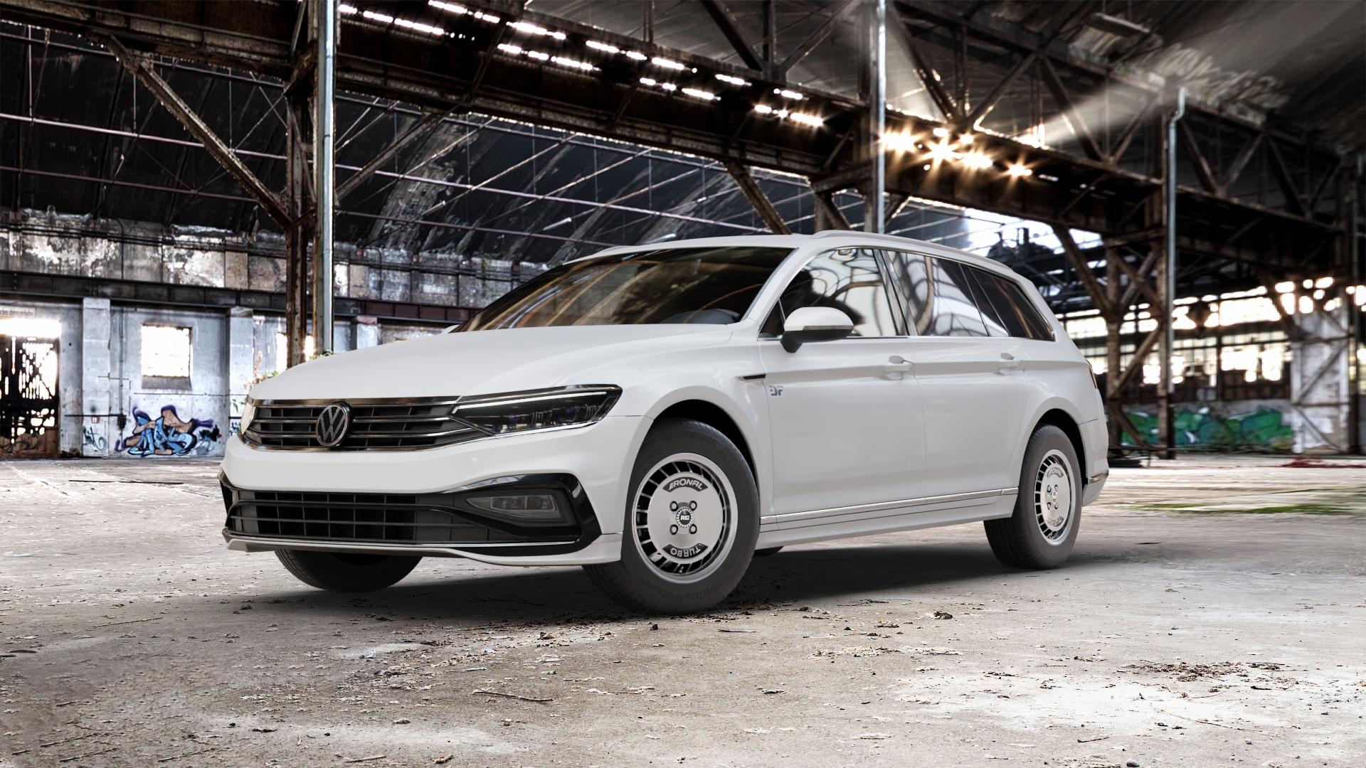 RONAL R10 TURBO SCHWARZ FRONTKOPIERT Felge mit Reifen silber in 15Zoll Winterfelge Alufelge auf weissem Volkswagen (VW) Passat 3C/B8 Variant Facelift ⬇️ mit 15mm Tieferlegung ⬇️ Old Industrial Hall_max_5300mm_2024 Frontansicht_1