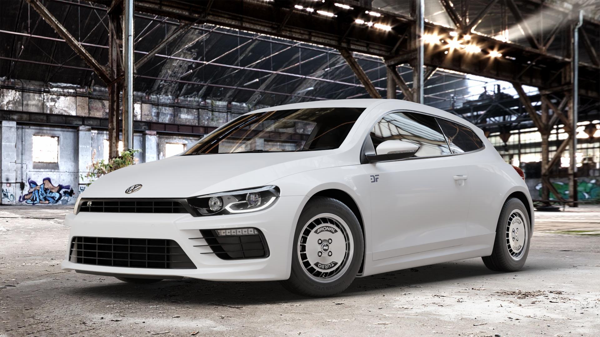 RONAL R10 TURBO SCHWARZ FRONTKOPIERT Felge mit Reifen silber in 15Zoll Winterfelge Alufelge auf weissem Volkswagen (VW) Scirocco III Typ 13 Facelift ⬇️ mit 15mm Tieferlegung ⬇️ Old Industrial Hall_max_4400mm_2024 Frontansicht_1