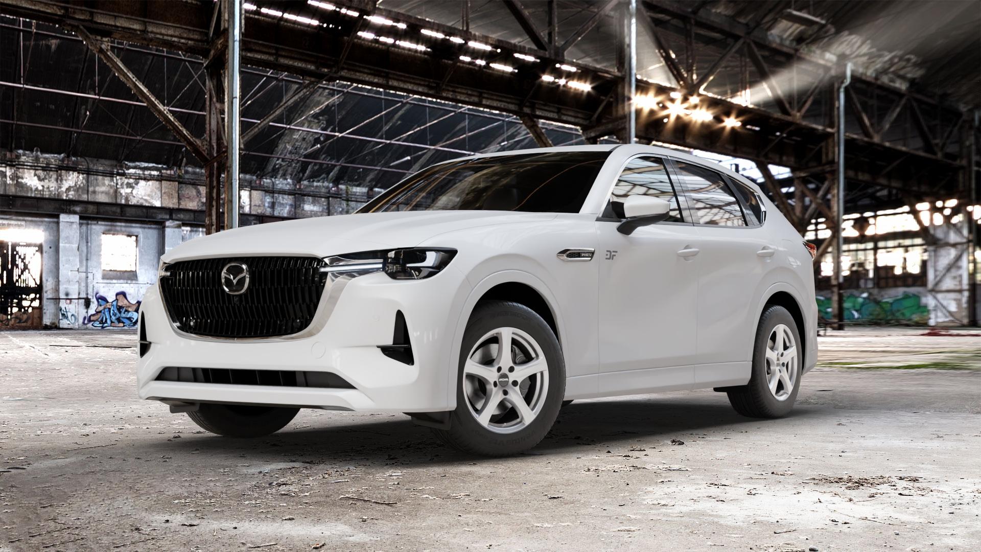 RONAL R42 KRISTALLSILBER Felge mit Reifen in 17Zoll Winterfelge Alufelge auf weissem Mazda CX-60 Typ KH01 CX ⬇️ mit 15mm Tieferlegung ⬇️ Old Industrial Hall_max_5300mm_2024 Frontansicht_1