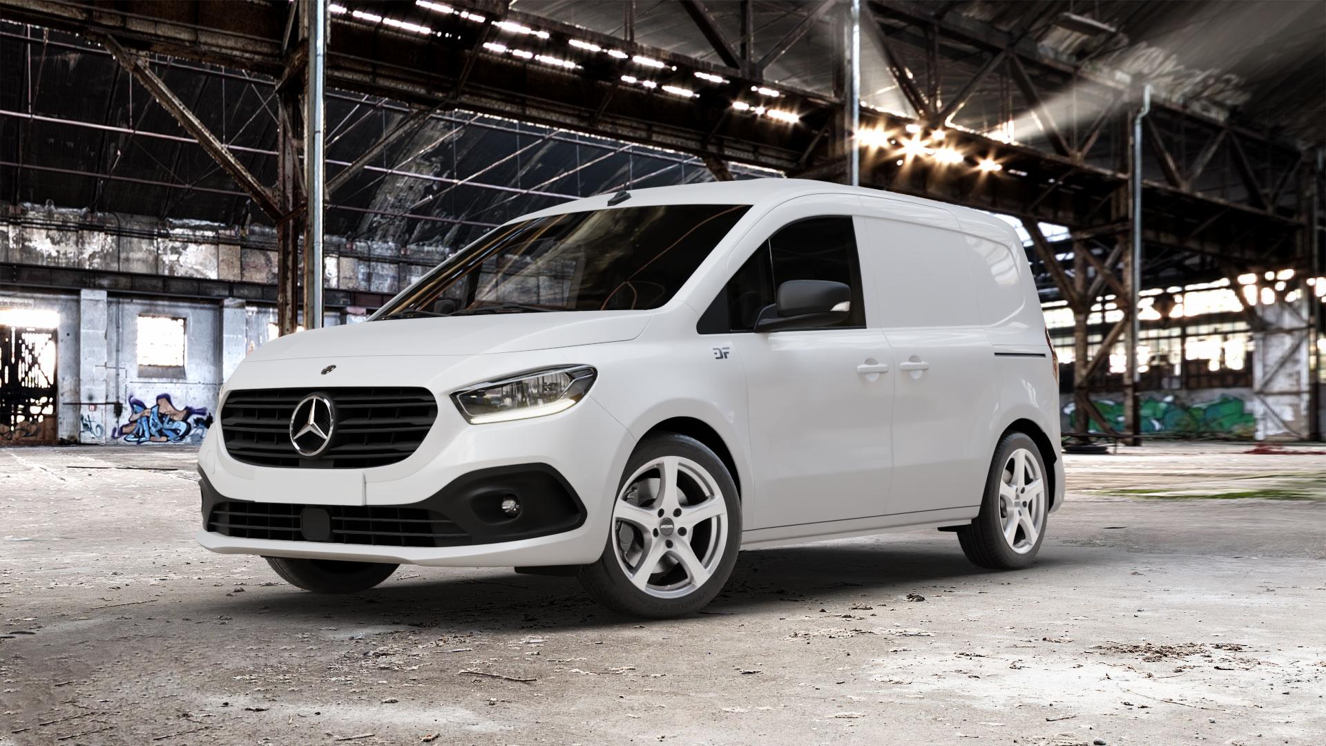 RONAL R42 KRISTALLSILBER Felge mit Reifen in 17Zoll Winterfelge Alufelge auf weissem Mercedes Citan Kasten Typ W420 ⬇️ mit 15mm Tieferlegung ⬇️ Old Industrial Hall_max_5300mm_2024 Frontansicht_1
