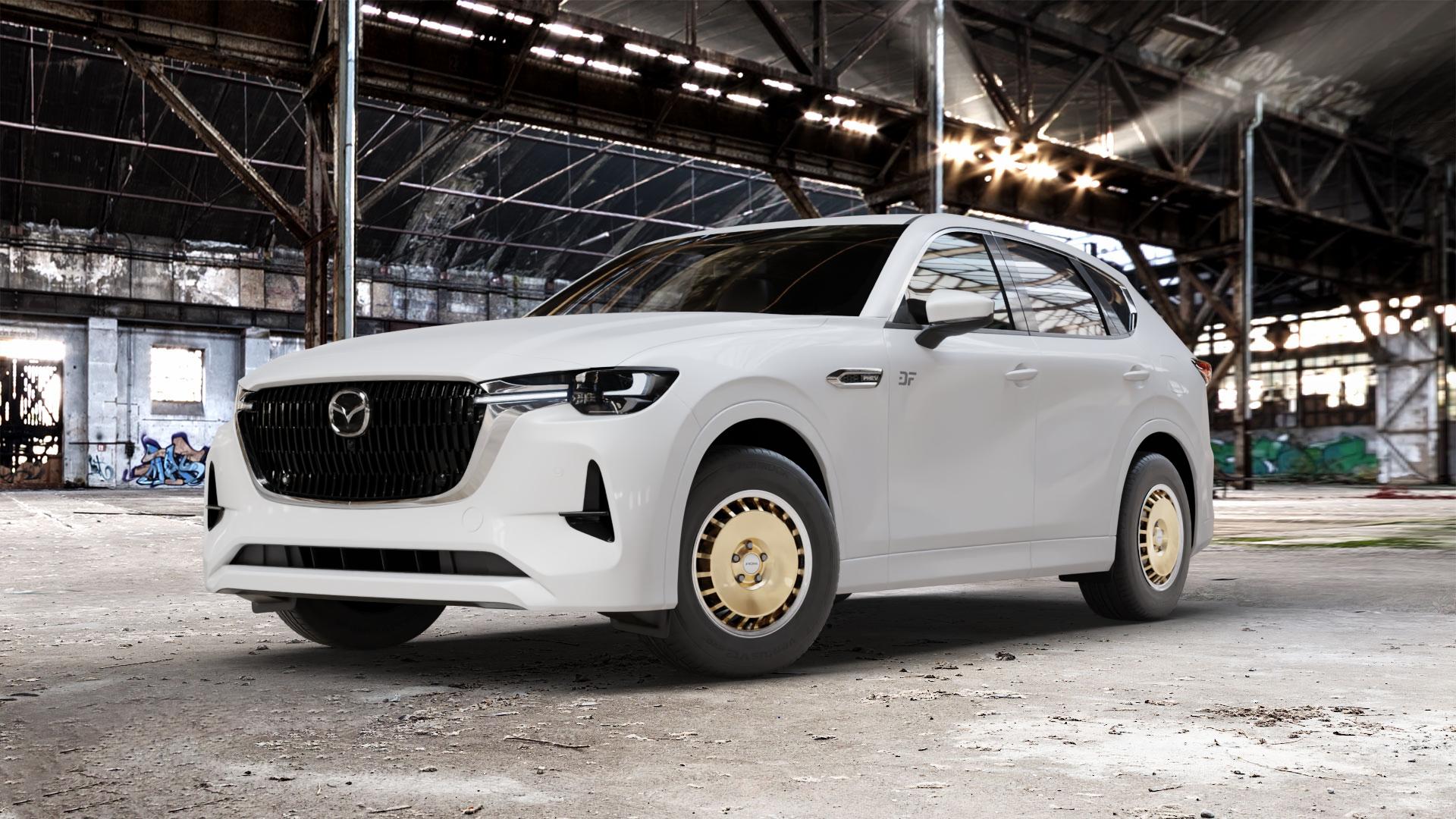 RONAL R50 AERO RACING GOLD HORNKOPIERT Felge mit Reifen silber mehrfarbig in 16Zoll Winterfelge Alufelge auf weissem Mazda CX-60 Typ KH01 ⬇️ mit 15mm Tieferlegung ⬇️ Old Industrial Hall_max_5300mm_2024 Frontansicht_1