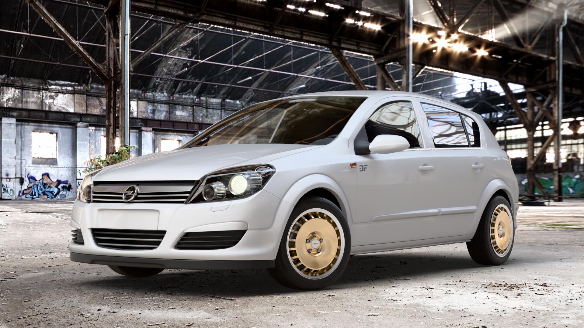 RONAL R50 AERO RACING GOLD HORNKOPIERT Felge mit Reifen silber mehrfarbig in 16Zoll Winterfelge Alufelge auf weissem Opel Astra H Stufenheck Typ A-H/NB ⬇️ mit 15mm Tieferlegung ⬇️ Old Industrial Hall_max_4400mm_2024 Frontansicht_1