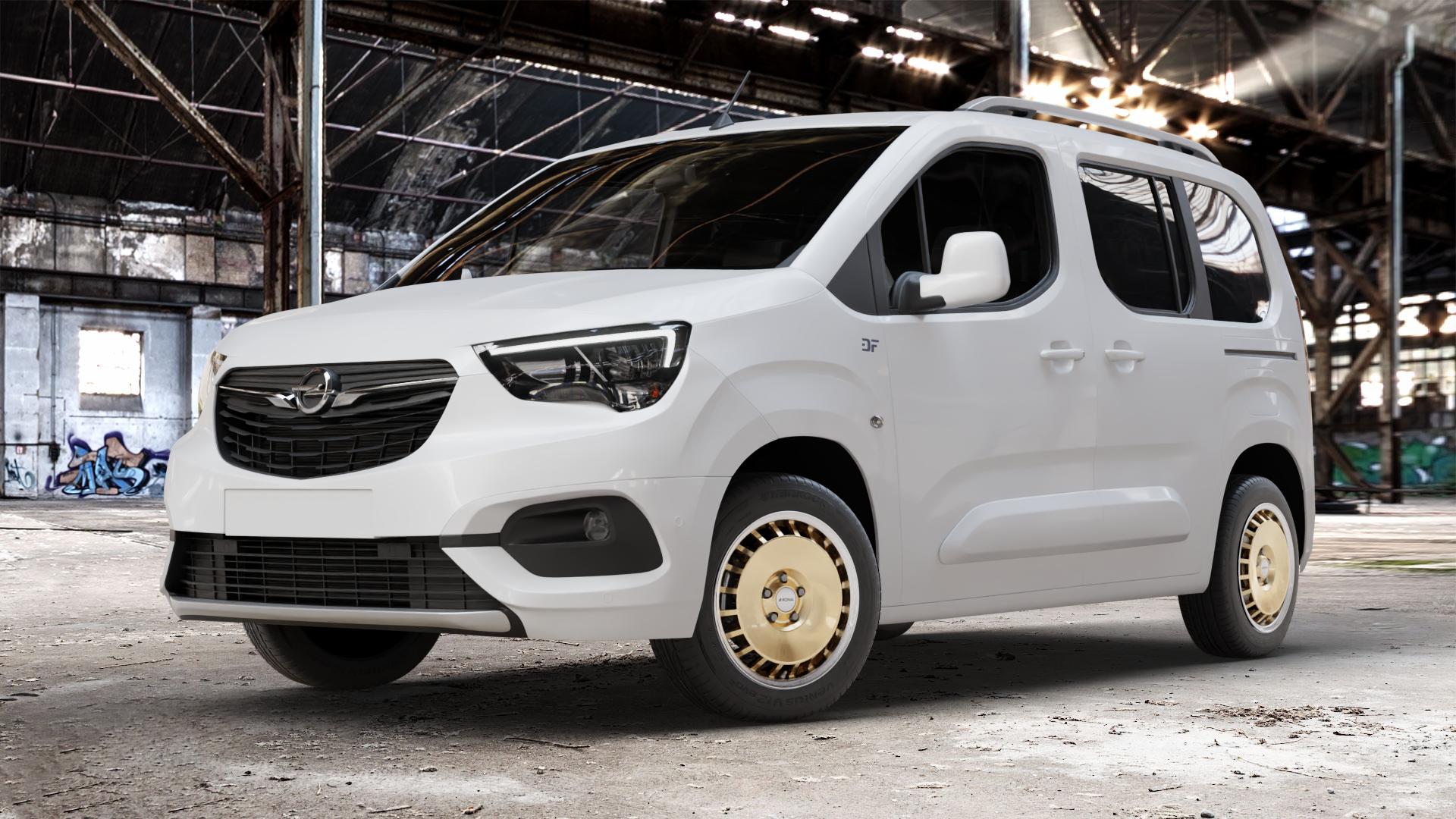 RONAL R50 AERO RACING GOLD HORNKOPIERT Felge mit Reifen silber mehrfarbig in 16Zoll Winterfelge Alufelge auf weissem Opel Combo E Life ⬇️ mit 15mm Tieferlegung ⬇️ Old Industrial Hall_max_4400mm_2024 Frontansicht_1