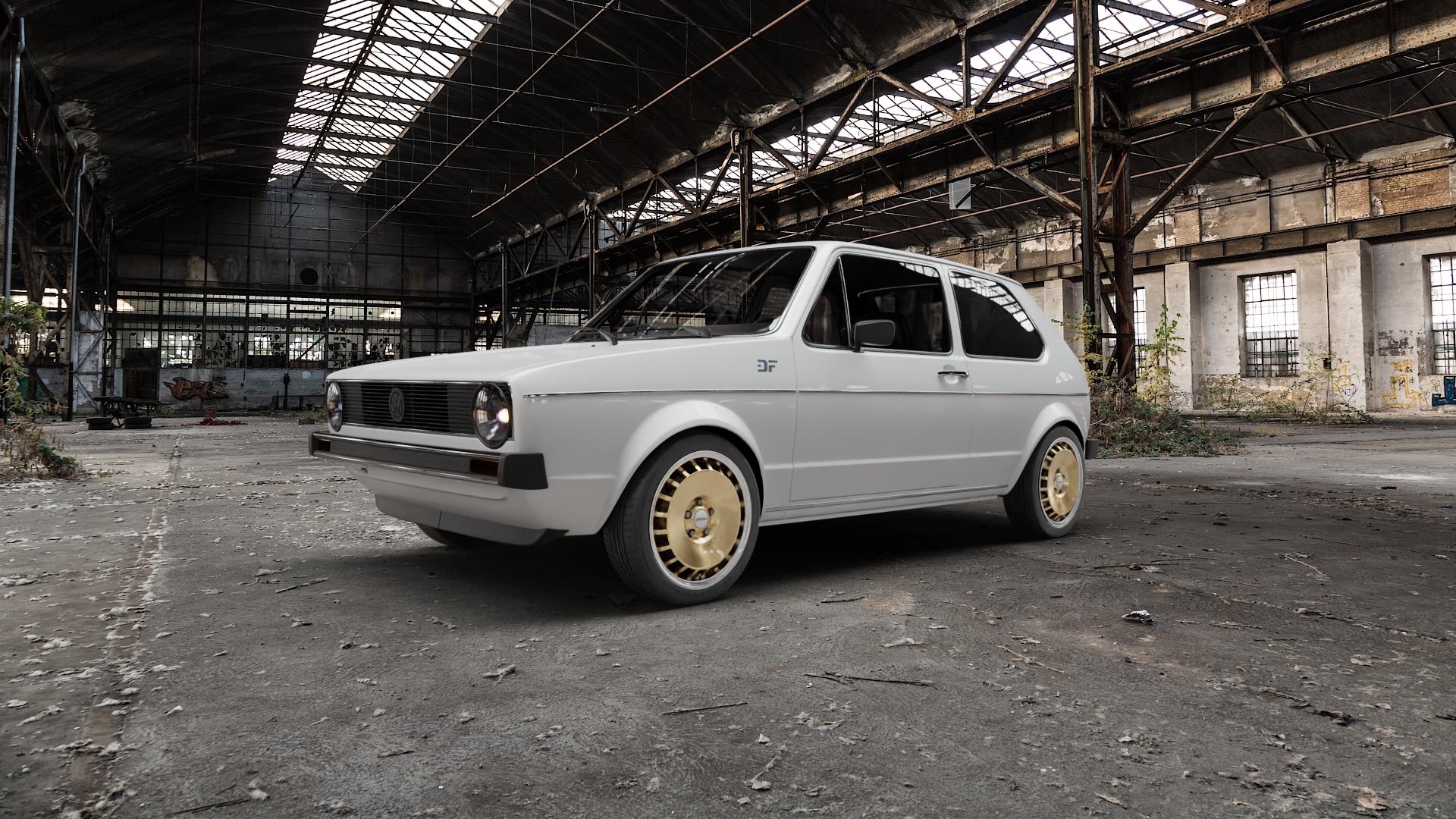 RONAL R50 AERO RACING GOLD HORNKOPIERT Felge mit Reifen silber mehrfarbig in 16Zoll Winterfelge Alufelge auf weissem Volkswagen (VW) Golf 1 Cabrio 1,3l 40kW (54 PS) 1,5l 51kW (69 1,6l 55kW (75 1,8l 66kW (90 53kW (72 70kW (95 72kW (98 ⬇️ mit 15mm Tieferlegung ⬇️ Old Industrial Hall_max5000mm_2022 Frontansicht_1