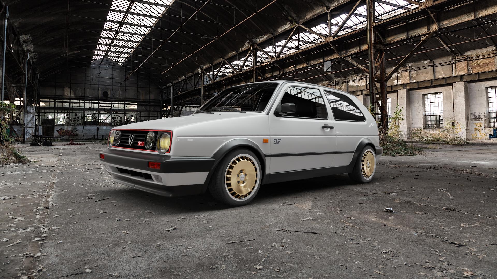 RONAL R50 AERO RACING GOLD HORNKOPIERT Felge mit Reifen silber mehrfarbig in 16Zoll Winterfelge Alufelge auf weissem Volkswagen (VW) Golf 2 1,8l GTI 79kW (107 PS) 82kW (111 16V 95kW (129 102kW (139 G60 118kW (160 ⬇️ mit 15mm Tieferlegung ⬇️ Old Industrial Hall_max5000mm_2022 Frontansicht_1