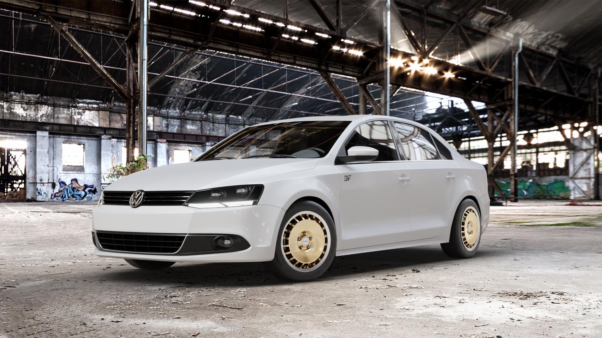 RONAL R50 AERO RACING GOLD HORNKOPIERT Felge mit Reifen silber mehrfarbig in 16Zoll Winterfelge Alufelge auf weissem Volkswagen (VW) Jetta 6 Typ 16 Facelift ⬇️ mit 15mm Tieferlegung ⬇️ Old Industrial Hall_max_5300mm_2024 Frontansicht_1