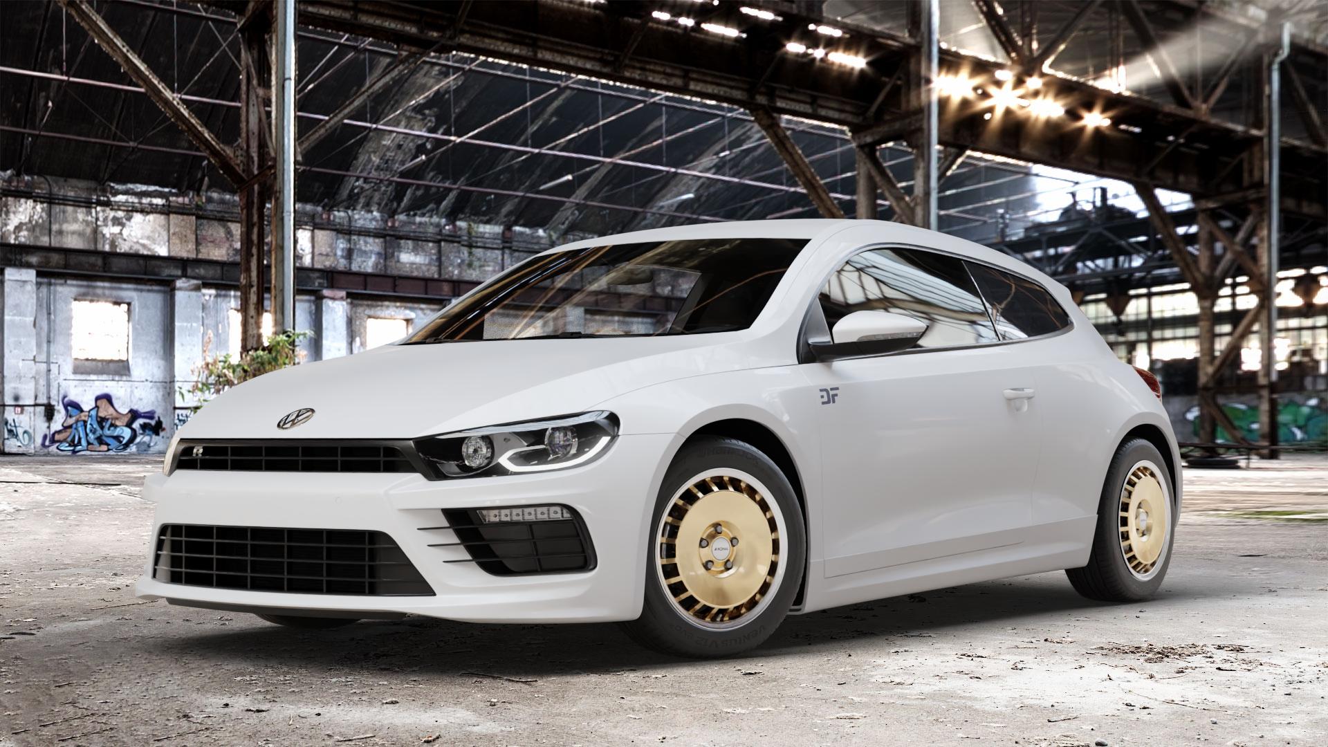 RONAL R50 AERO RACING GOLD HORNKOPIERT Felge mit Reifen silber mehrfarbig in 16Zoll Winterfelge Alufelge auf weissem Volkswagen (VW) Scirocco III Typ 13 Facelift ⬇️ mit 15mm Tieferlegung ⬇️ Old Industrial Hall_max_4400mm_2024 Frontansicht_1