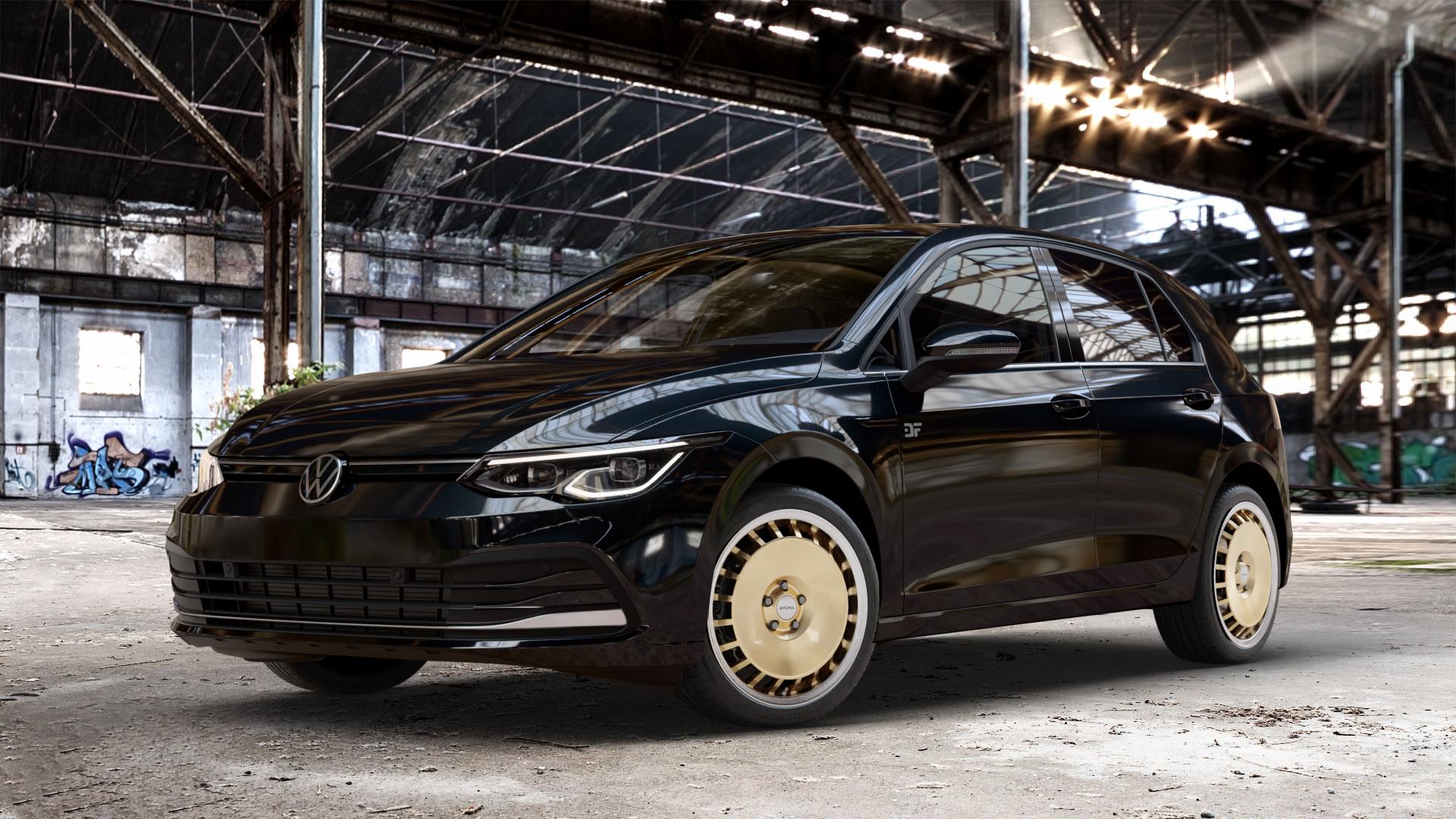 RONAL R50 AERO RACING GOLD HORNKOPIERT Felge mit Reifen silber mehrfarbig in 18Zoll Winterfelge Alufelge auf metallic schwarzem Volkswagen (VW) Golf 8 1,5l TSI 96kW (131 PS) 110kW (150 2,0l TDI 85kW (116 Mild-Hybrid 1,0l 81kW (110 66kW (90 1,4l Hybrid TGI 4Motion 140kW (190 ⬇️ mit 15mm Tieferlegung ⬇️ Old Industrial Hall_max_4400mm_2024 Frontansicht_1
