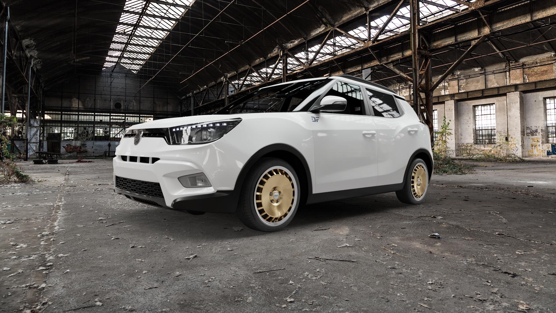RONAL R50 AERO RACING GOLD HORNKOPIERT Felge mit Reifen silber mehrfarbig in 18Zoll Winterfelge Alufelge auf weissem Ssangyong Tivoli Typ XK ⬇️ mit 15mm Tieferlegung ⬇️ Old Industrial Hall_max5000mm_2022 Frontansicht_1