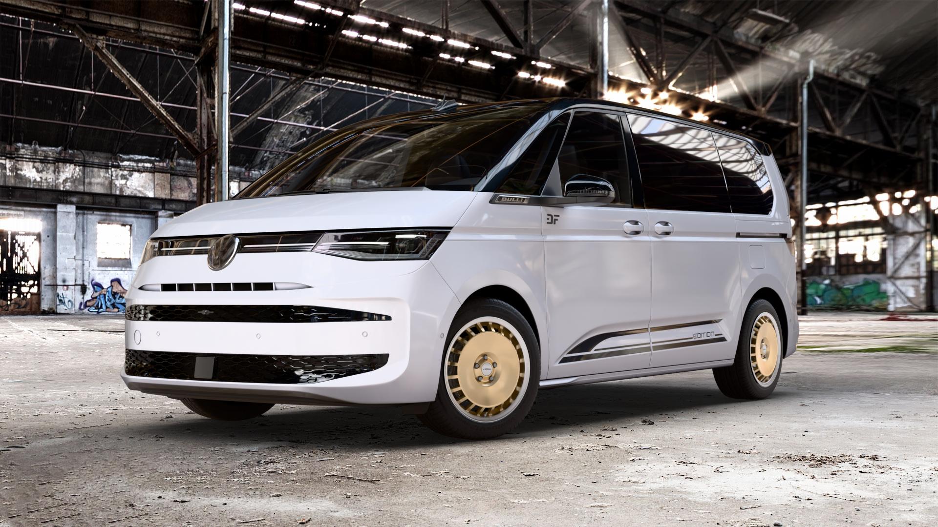 RONAL R50 AERO RACING GOLD HORNKOPIERT Felge mit Reifen silber mehrfarbig in 18Zoll Winterfelge Alufelge auf weissem und schwarzem Volkswagen (VW) T7 Multivan Bus ⬇️ mit 15mm Tieferlegung ⬇️ Old Industrial Hall_max_5300mm_2024 Frontansicht_1