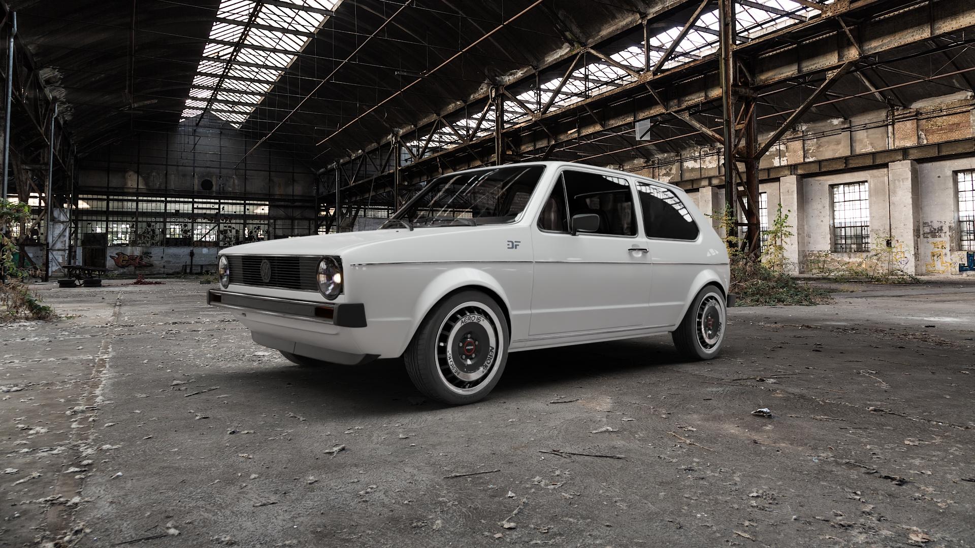 RONAL R50 AERO SCHWARZ FRONTKOPIERT Felge mit Reifen silber mehrfarbig in 16Zoll Winterfelge Alufelge auf weissem Volkswagen (VW) Golf 1 Cabrio 1,3l 40kW (54 PS) 1,5l 51kW (69 1,6l 55kW (75 1,8l 66kW (90 53kW (72 70kW (95 72kW (98 ⬇️ mit 15mm Tieferlegung ⬇️ Old Industrial Hall_max5000mm_2022 Frontansicht_1