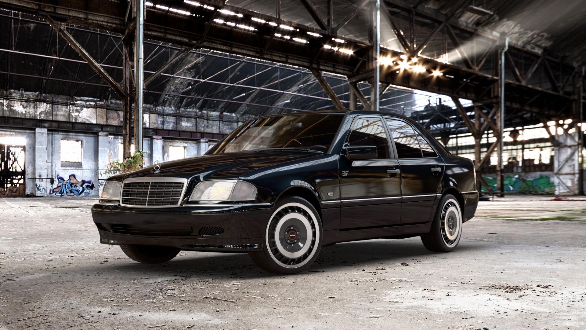 RONAL R50 AERO SCHWARZ FRONTKOPIERT Felge mit Reifen silber mehrfarbig in 18Zoll Winterfelge Alufelge auf metallic schwarzem Mercedes C-Klasse Typ W202 Limousine ⬇️ mit 15mm Tieferlegung ⬇️ Old Industrial Hall_max_5300mm_2024 Frontansicht_1