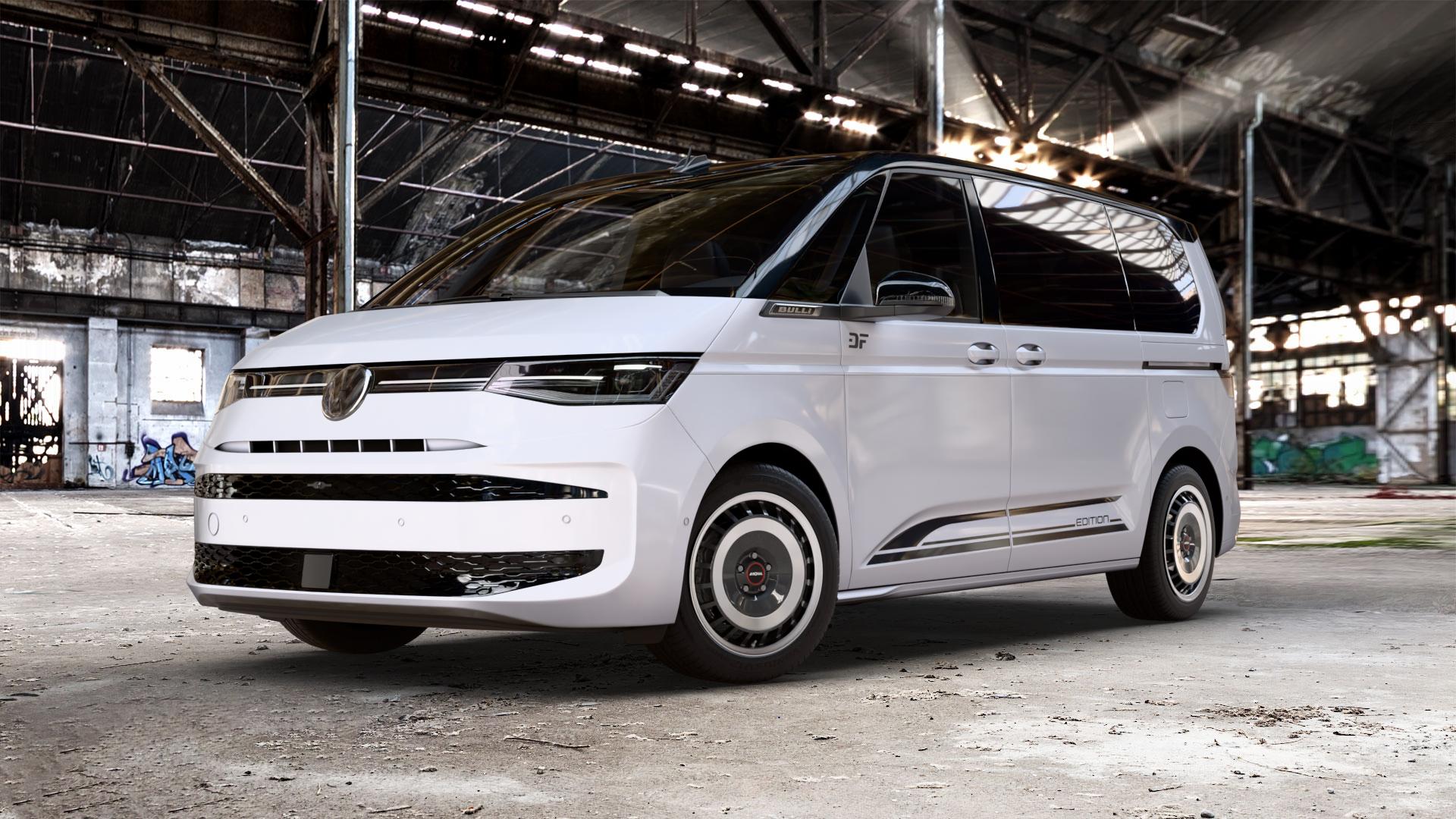 RONAL R50 AERO SCHWARZ FRONTKOPIERT Felge mit Reifen silber mehrfarbig in 18Zoll Winterfelge Alufelge auf weissem und schwarzem Volkswagen (VW) T7 Multivan Bus ⬇️ mit 15mm Tieferlegung ⬇️ Old Industrial Hall_max_5300mm_2024 Frontansicht_1