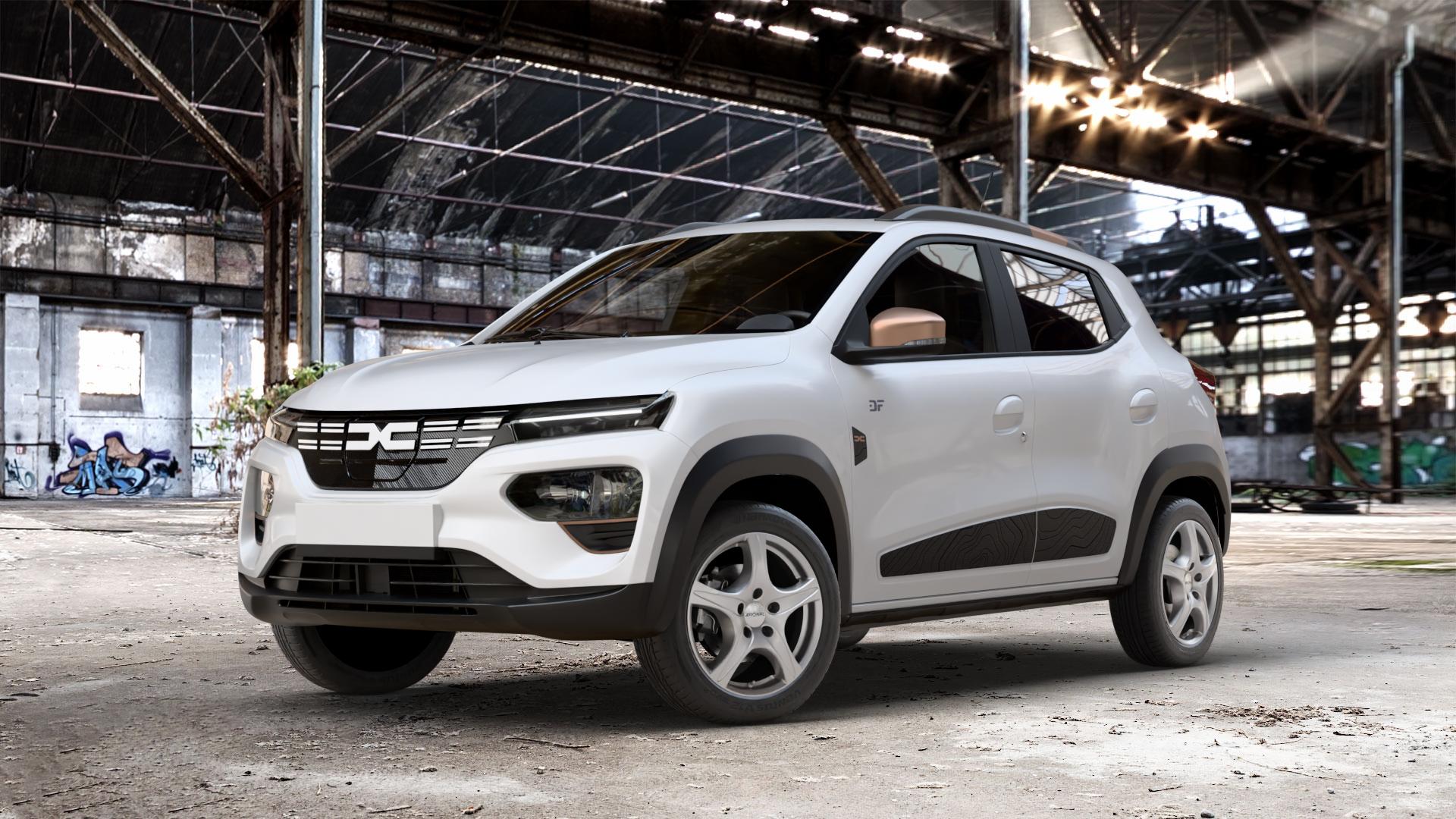 RONAL R56 KRISTALLSILBER Felge mit Reifen in 15Zoll Winterfelge Alufelge auf weissem Dacia Spring Typ DBG Facelift 0,0l 19kW (26 PS) 30kW (41 ⬇️ mit 15mm Tieferlegung ⬇️ Old Industrial Hall_max_4400mm_2024 Frontansicht_1