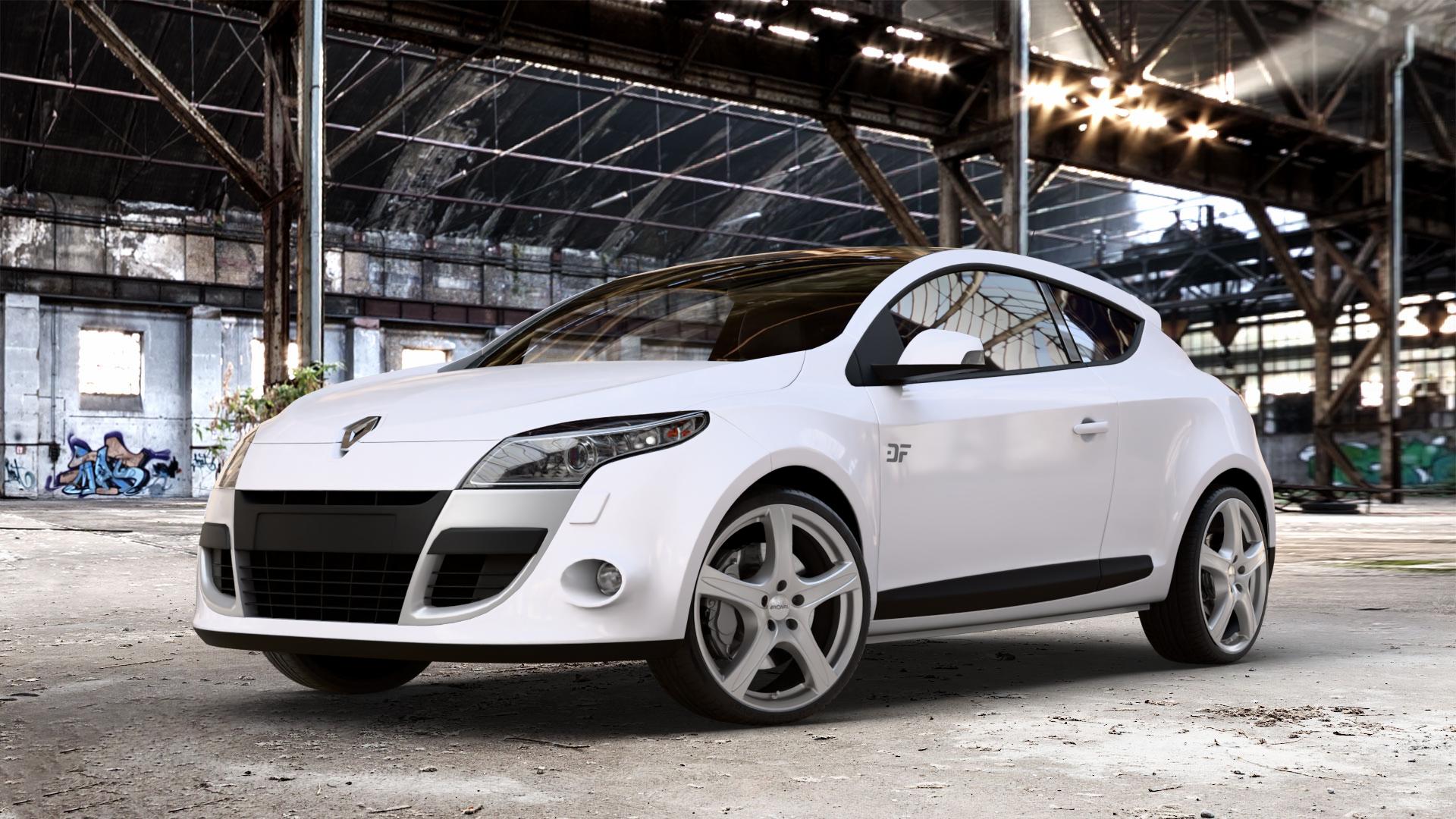 RONAL R56 KRISTALLSILBER Felge mit Reifen in 19Zoll Winterfelge Alufelge auf weissem Renault Megane III Coupé Typ Z ⬇️ mit 15mm Tieferlegung ⬇️ Old Industrial Hall_max_4400mm_2024 Frontansicht_1