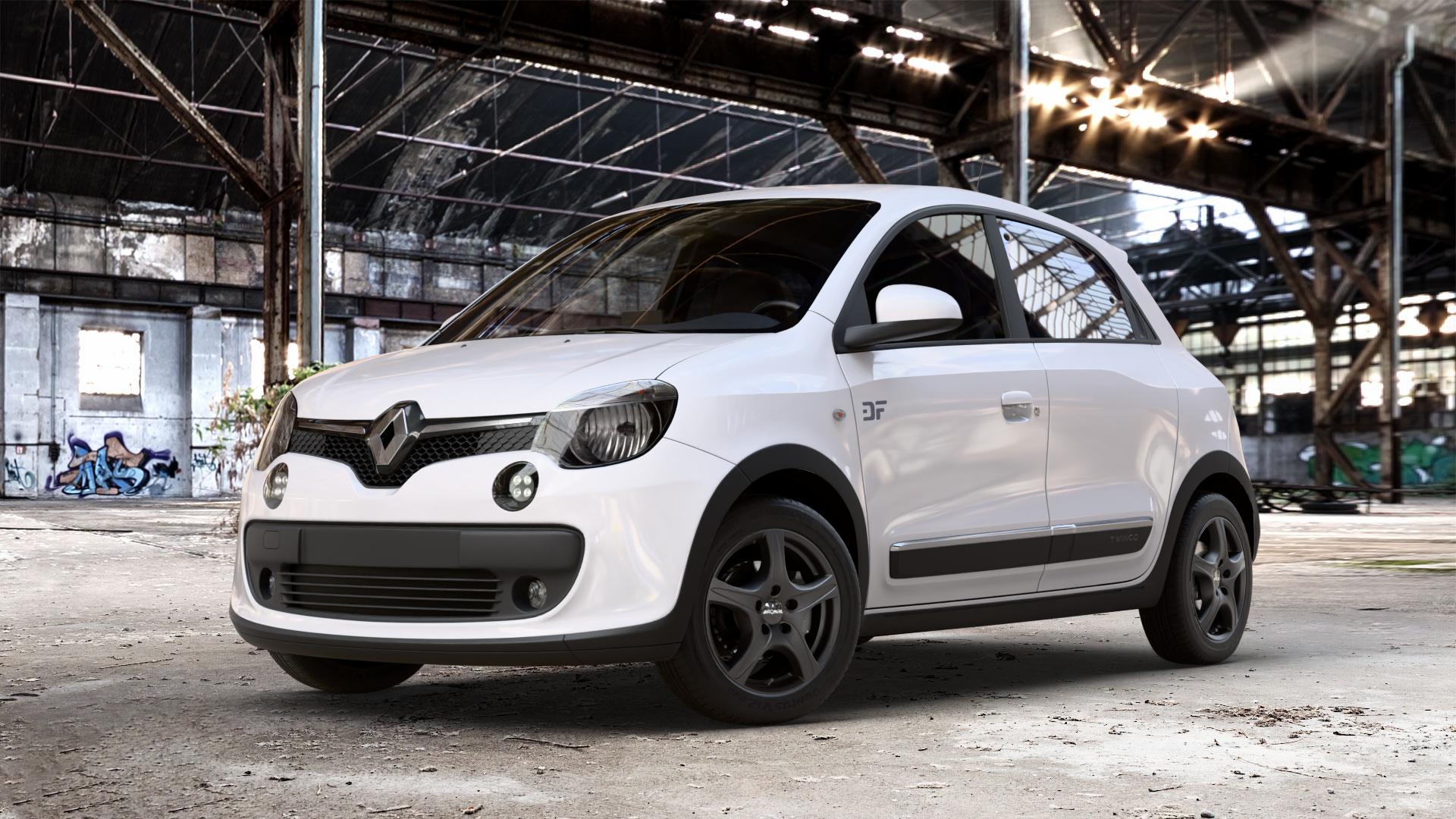 RONAL R56 MATTSCHWARZ Felge mit Reifen in 15Zoll Winterfelge Alufelge auf weissem Renault Twingo III Typ AH ⬇️ mit 15mm Tieferlegung ⬇️ Old Industrial Hall_max_4400mm_2024 Frontansicht_1