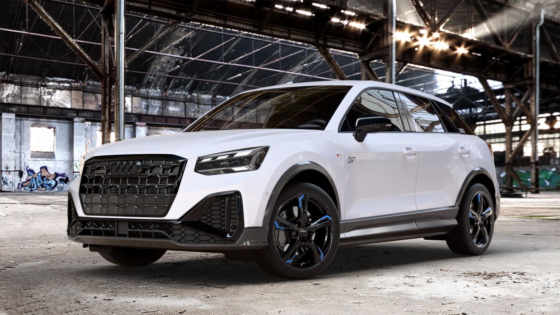 RONAL R62 BLUE JETBLACK Felge mit Reifen schwarz blau mehrfarbig in 18Zoll Winterfelge Alufelge auf weißem Audi Q2 Typ GA Facelift ⬇️ mit 15mm Tieferlegung ⬇️ Old Industrial Hall_max_4400mm_2024 Frontansicht_1