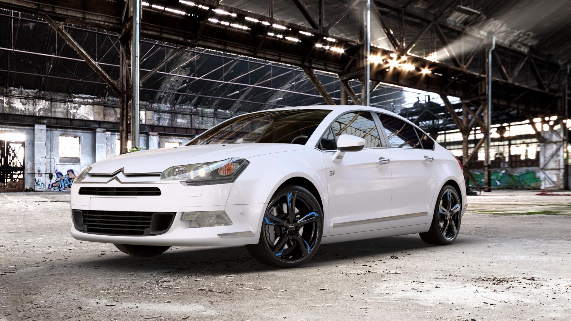 RONAL R62 BLUE JETBLACK Felge mit Reifen schwarz blau mehrfarbig in 20Zoll Winterfelge Alufelge auf weissem Citroen C5 II ⬇️ mit 15mm Tieferlegung ⬇️ Old Industrial Hall_max_5300mm_2024 Frontansicht_1