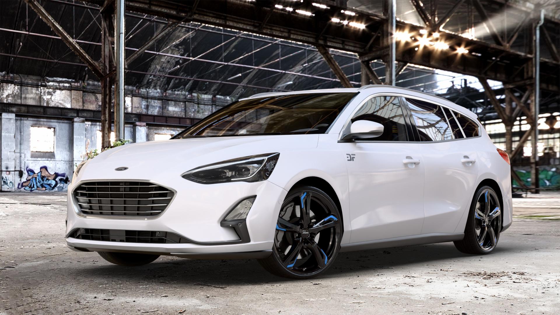RONAL R62 BLUE JETBLACK Felge mit Reifen schwarz blau mehrfarbig in 20Zoll Winterfelge Alufelge auf weissem Ford Focus IV Typ DEH (Turnier) ⬇️ mit 15mm Tieferlegung ⬇️ Old Industrial Hall_max_4400mm_2024 Frontansicht_1