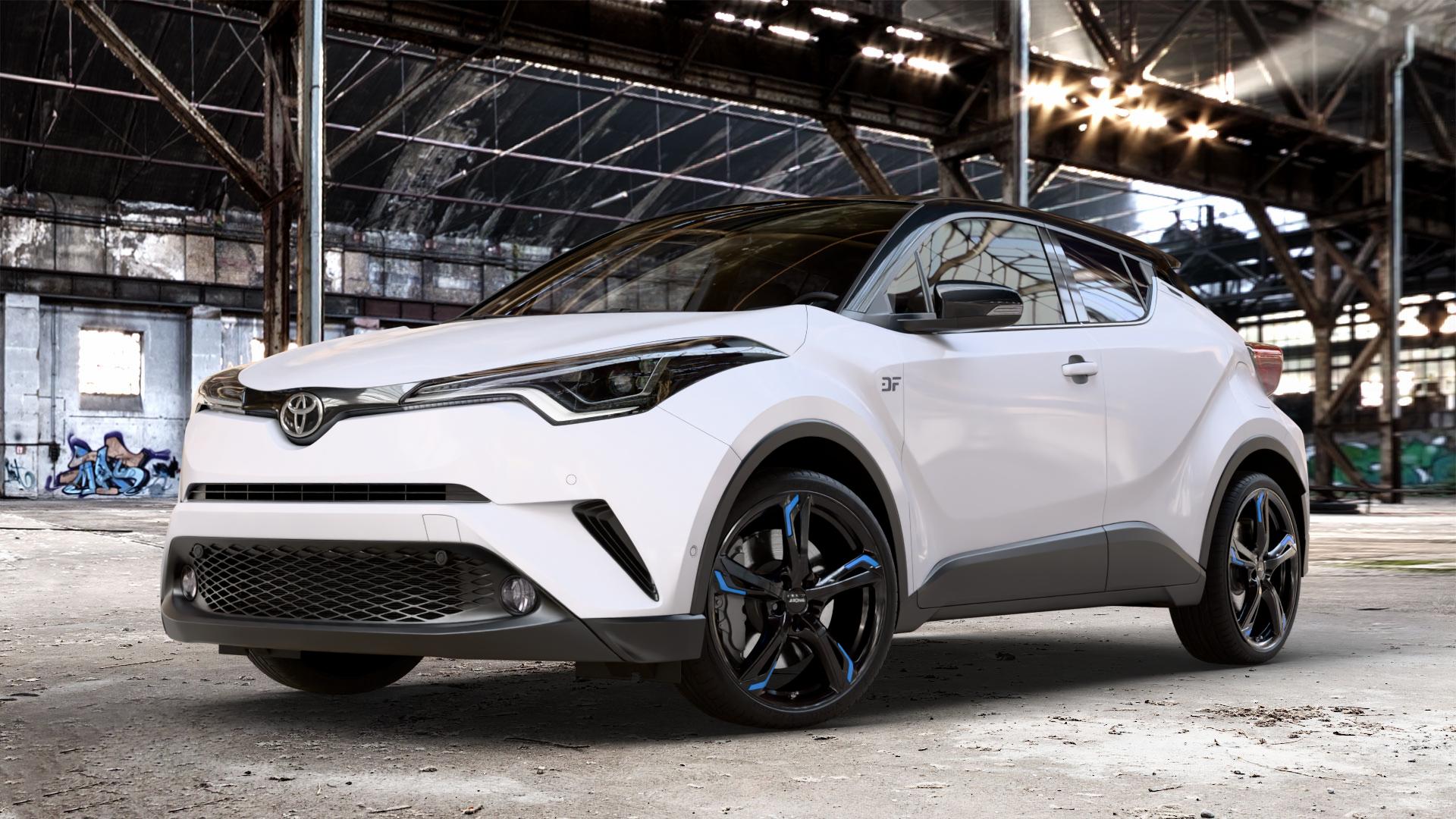 RONAL R62 BLUE JETBLACK Felge mit Reifen schwarz blau mehrfarbig in 20Zoll Winterfelge Alufelge auf weissem Toyota C-HR Typ AX1T(EU,M) AX1T(EU,M)-TMG ⬇️ mit 15mm Tieferlegung ⬇️ Old Industrial Hall_max_4400mm_2024 Frontansicht_1