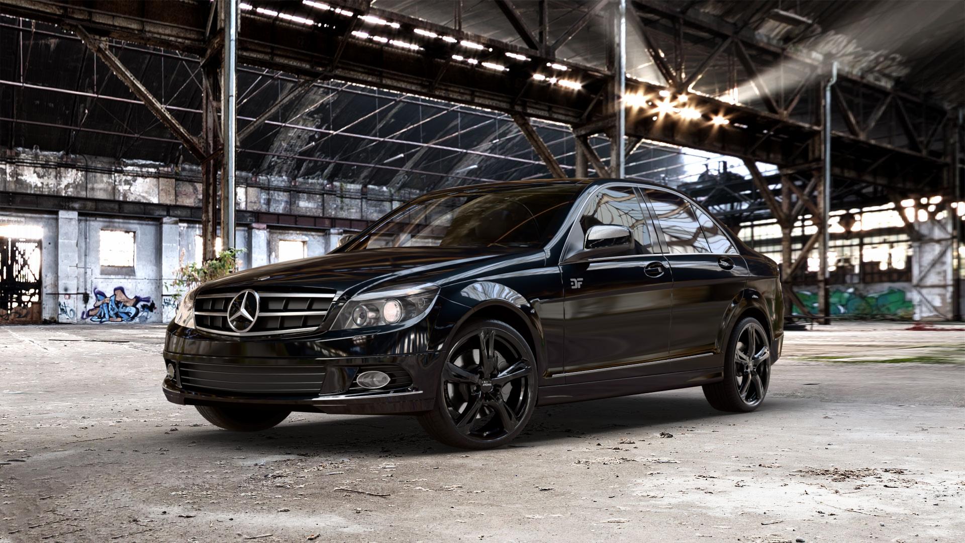 RONAL R62 JETBLACK Felge mit Reifen schwarz in 19Zoll Winterfelge Alufelge auf schwarzem metallic Mercedes C-Klasse Typ W204 Limousine ⬇️ mit 15mm Tieferlegung ⬇️ Old Industrial Hall_max_5300mm_2024 Frontansicht_1