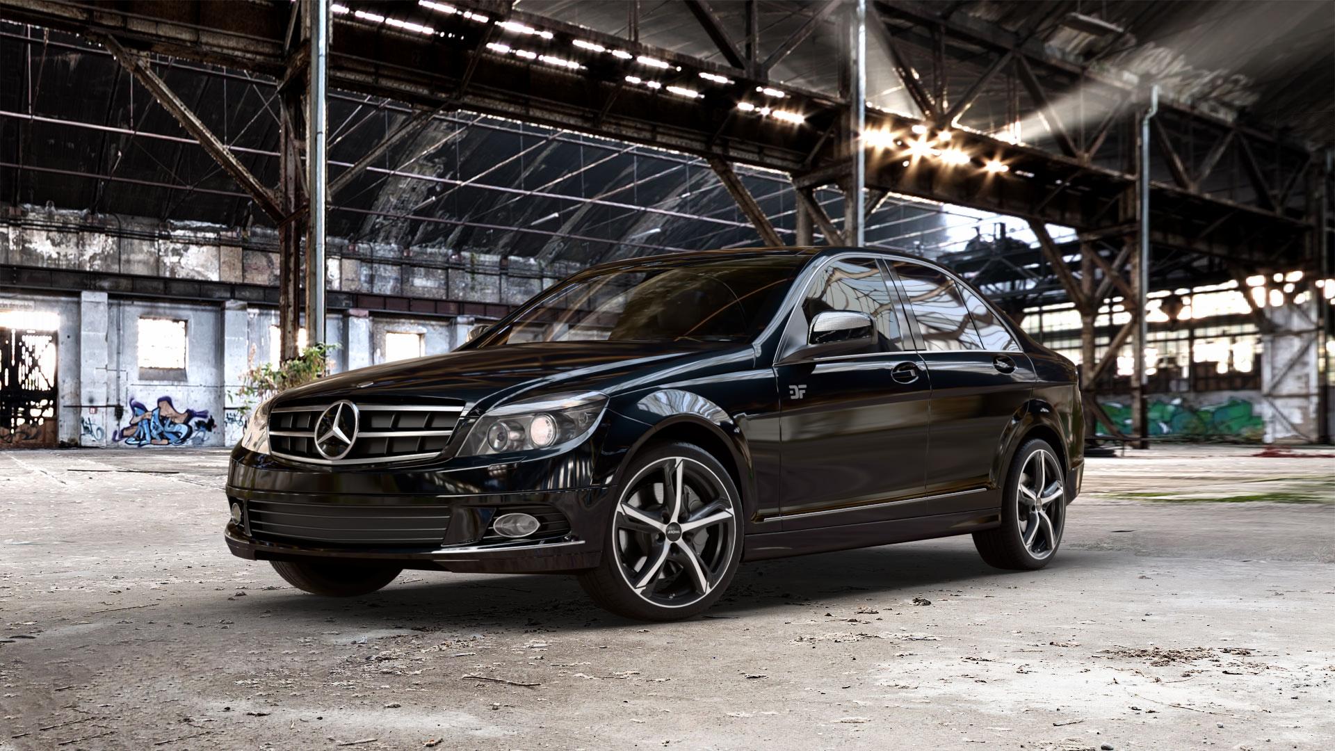 RONAL R62 JETBLACK MATT FRONTKOPIERT Felge mit Reifen silber schwarz mehrfarbig in 18Zoll Winterfelge Alufelge auf schwarzem metallic Mercedes C-Klasse Typ W204 Limousine ⬇️ mit 15mm Tieferlegung ⬇️ Old Industrial Hall_max_5300mm_2024 Frontansicht_1