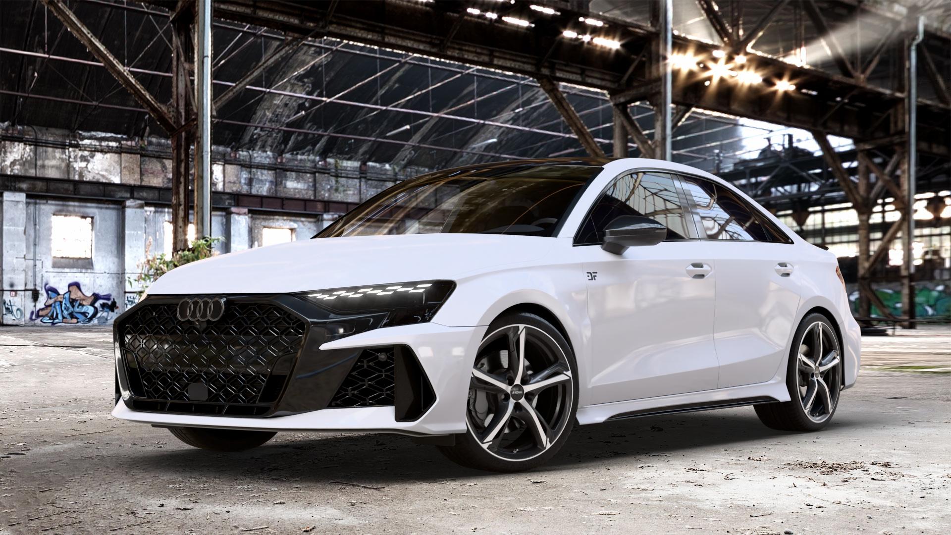 RONAL R62 JETBLACK MATT FRONTKOPIERT Felge mit Reifen silber schwarz mehrfarbig in 19Zoll Winterfelge Alufelge auf weissem Audi A3 Typ GY (Limousine) Facelift 2,5l TFSI quattro 294kW RS3 (400 PS) 299kW (407 ⬇️ mit 15mm Tieferlegung ⬇️ Old Industrial Hall_max_4400mm_2024 Frontansicht_1