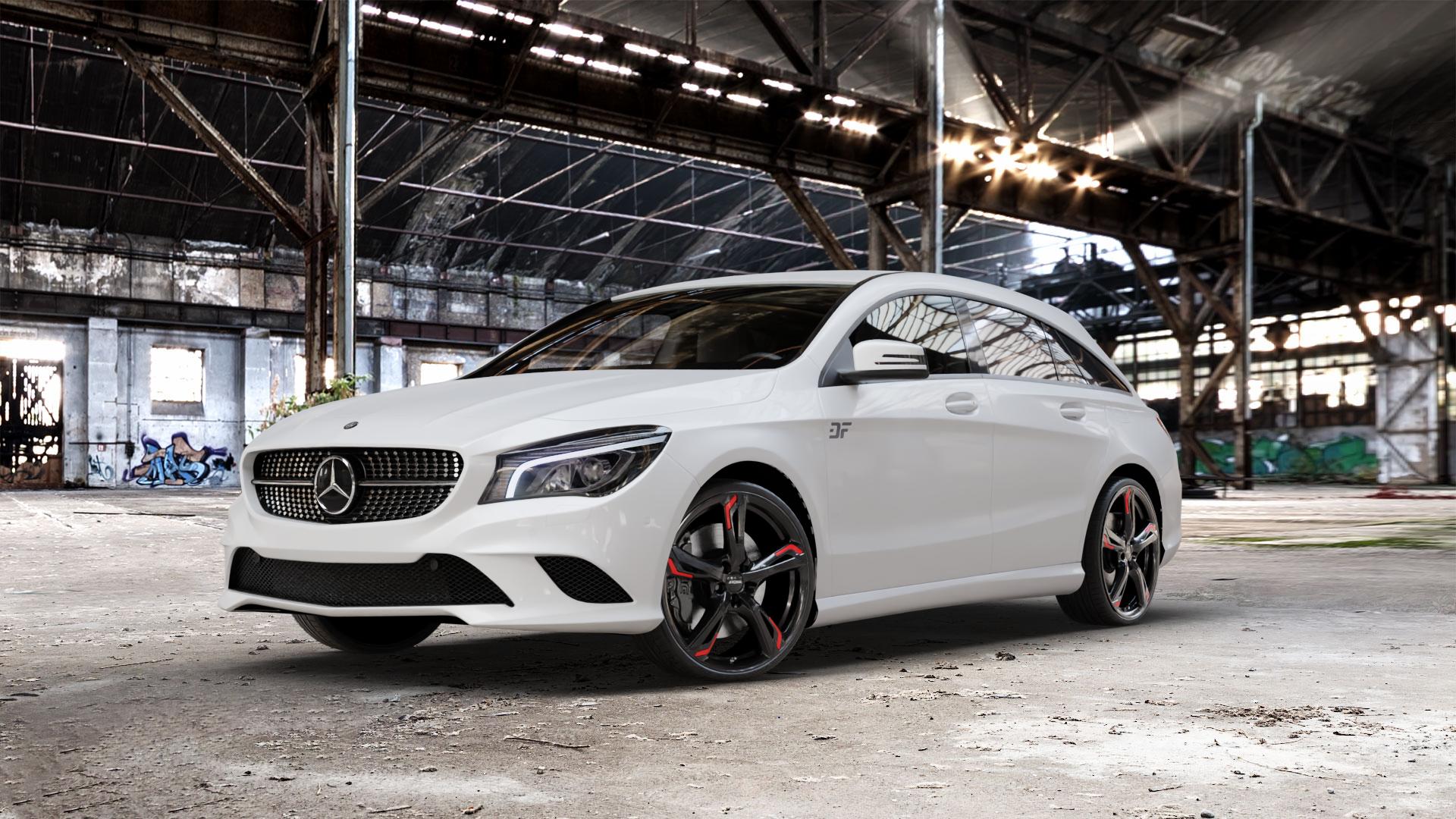 RONAL R62 RED JETBLACK Felge mit Reifen schwarz rot mehrfarbig in 20Zoll Winterfelge Alufelge auf weissem Mercedes CLA-Klasse I Shooting Brake Typ 245G ⬇️ mit 15mm Tieferlegung ⬇️ Old Industrial Hall_max_5300mm_2024 Frontansicht_1