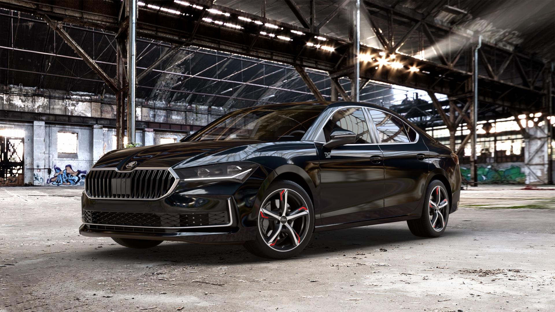 RONAL R62 RED JETBLACK MATT FRONTKOPIERT Felge mit Reifen silber schwarz rot mehrfarbig in 18Zoll Winterfelge Alufelge auf schwarzem metallic Skoda Superb IV Typ NZ ⬇️ mit 15mm Tieferlegung ⬇️ Old Industrial Hall_max_5300mm_2024 Frontansicht_1