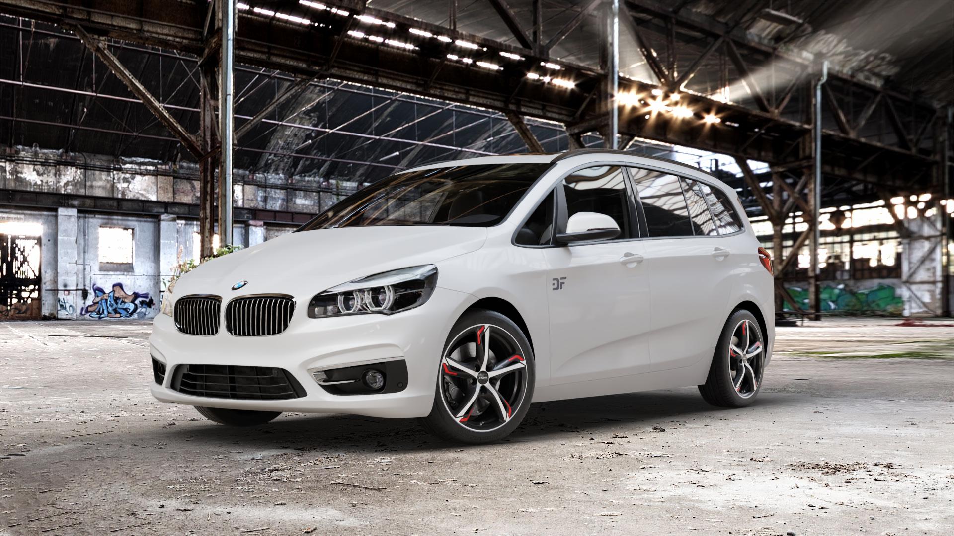 RONAL R62 RED JETBLACK MATT FRONTKOPIERT Felge mit Reifen silber schwarz rot mehrfarbig in 18Zoll Winterfelge Alufelge auf weissem BMW 218i Typ UKL-L (F46 Gran Tourer) 220i 216d 218d 220d xDrive 214d 216i F2GT 2er F46 Tourer (UKL-L) (F2GT) Facelift ⬇️ mit 15mm Tieferlegung ⬇️ Old Industrial Hall_max_5300mm_2024 Frontansicht_1
