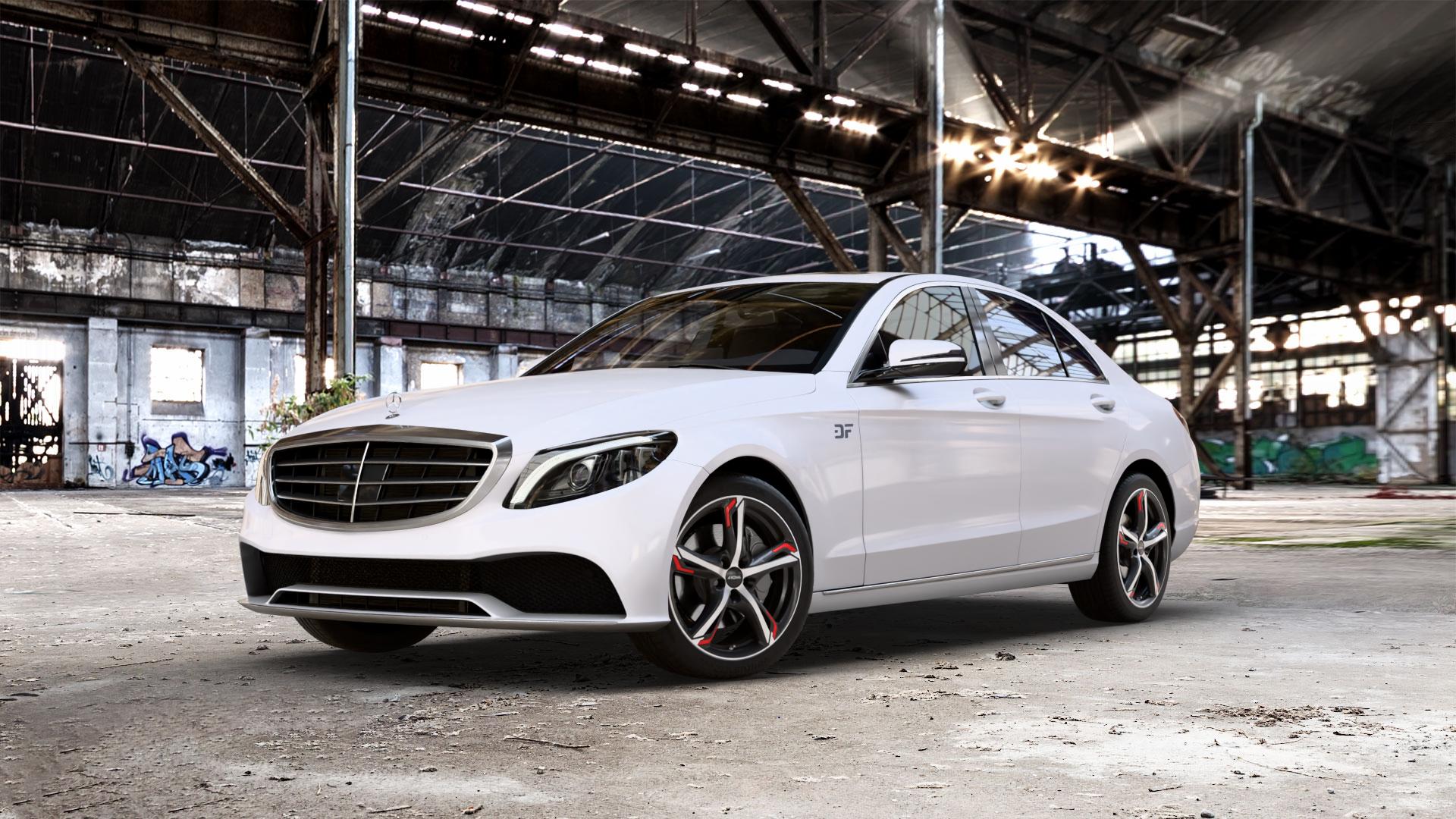 RONAL R62 RED JETBLACK MATT FRONTKOPIERT Felge mit Reifen silber schwarz rot mehrfarbig in 18Zoll Winterfelge Alufelge auf weissem Mercedes C-Klasse Typ W205 Limousine Facelift ⬇️ mit 15mm Tieferlegung ⬇️ Old Industrial Hall_max_5300mm_2024 Frontansicht_1