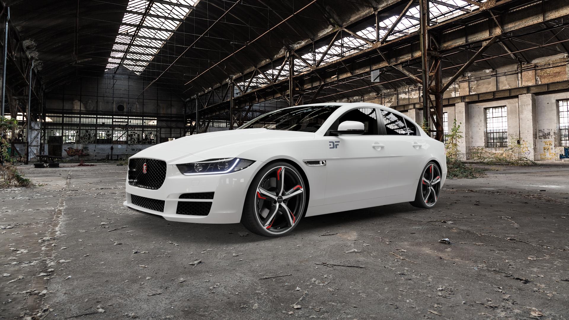 RONAL R62 Red JETBLACK MATT FRONTKOPIERT Felge mit Reifen silber schwarz rot mehrfarbig in 20Zoll Winterfelge Alufelge auf weissem Jaguar XE Typ JA ⬇️ mit 15mm Tieferlegung ⬇️ Old Industrial Hall_max5000mm_2022 Frontansicht_1