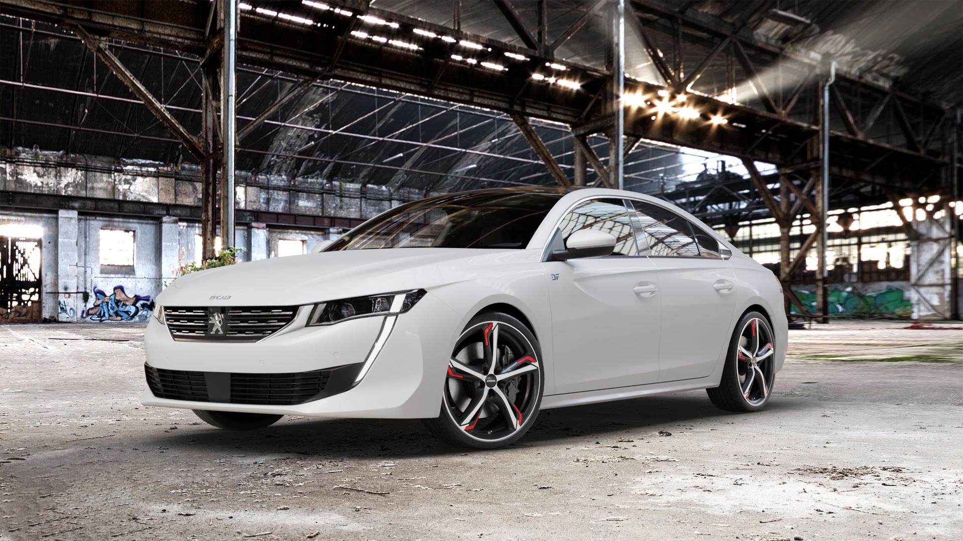 RONAL R62 RED JETBLACK MATT FRONTKOPIERT Felge mit Reifen silber schwarz rot mehrfarbig in 20Zoll Winterfelge Alufelge auf weissem Peugeot 508 Typ F Limousine ⬇️ mit 15mm Tieferlegung ⬇️ Old Industrial Hall_max_5300mm_2024 Frontansicht_1