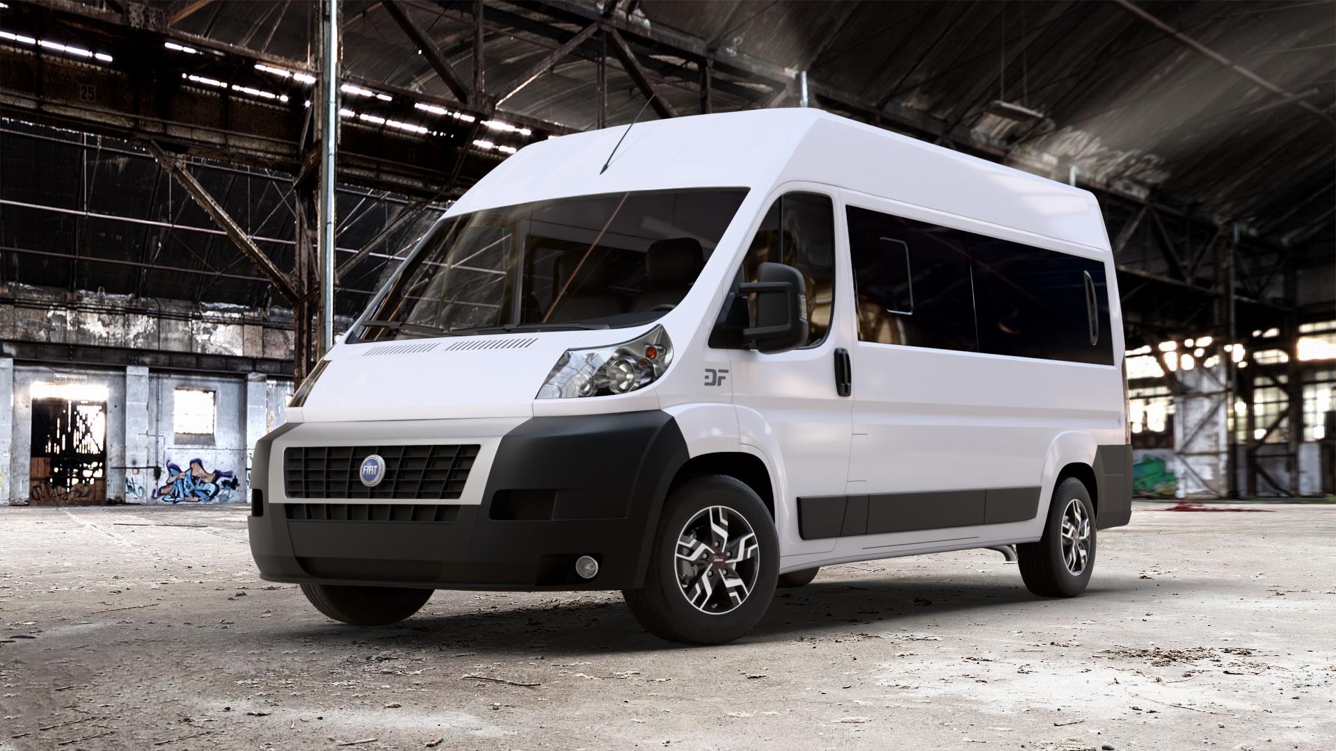 RONAL R64 JETBLACK MATT FRONTKOPIERT Felge mit Reifen silber schwarz mehrfarbig in 16Zoll Winterfelge Alufelge auf weissem Fiat Ducato Bus Typ 250 ⬇️ mit 15mm Tieferlegung ⬇️ Old Industrial Hall_max_7000mm_2024 Frontansicht_1
