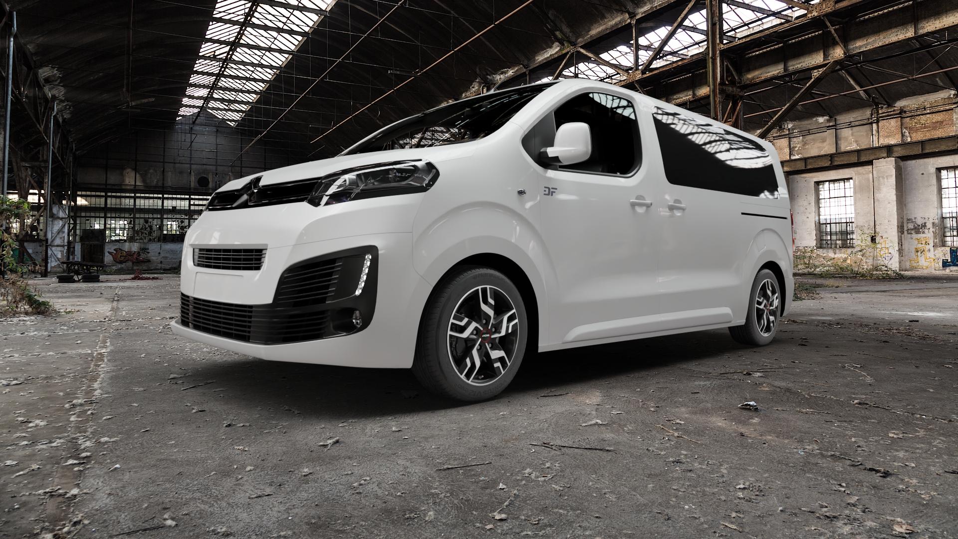 RONAL R64 JETBLACK MATT FRONTKOPIERT Felge mit Reifen silber schwarz mehrfarbig in 17Zoll Winterfelge Alufelge auf weissem Citroen SpaceTourer Typ V Jumpy 3 (16-) ⬇️ mit 15mm Tieferlegung ⬇️ Old Industrial Hall_max5000mm_2022 Frontansicht_1