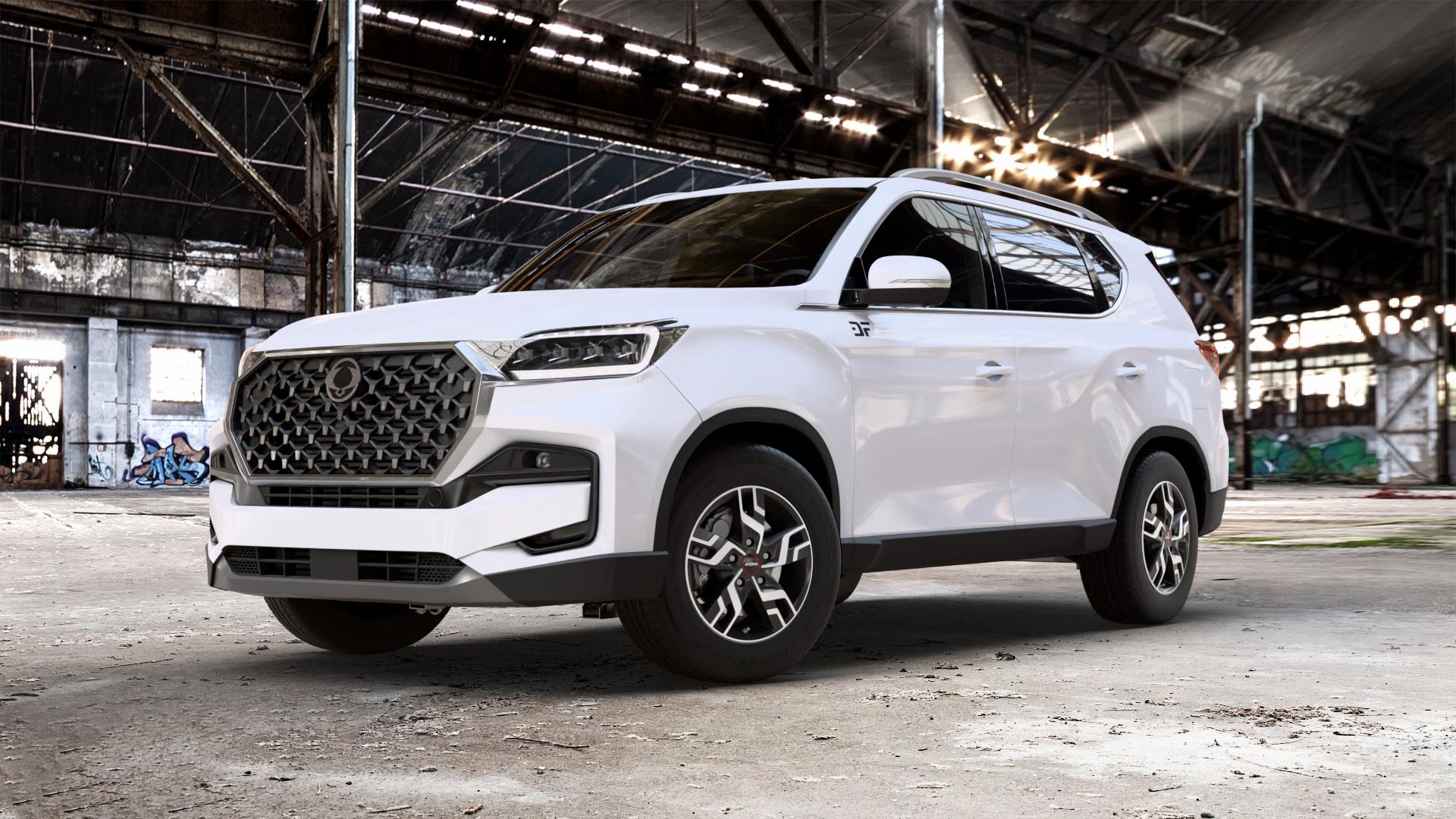 RONAL R64 JETBLACK MATT FRONTKOPIERT Felge mit Reifen silber schwarz mehrfarbig in 17Zoll Winterfelge Alufelge auf weissem Ssangyong Rexton III Typ YK Facelift ⬇️ mit 15mm Tieferlegung ⬇️ Old Industrial Hall_max_5300mm_2024 Frontansicht_1