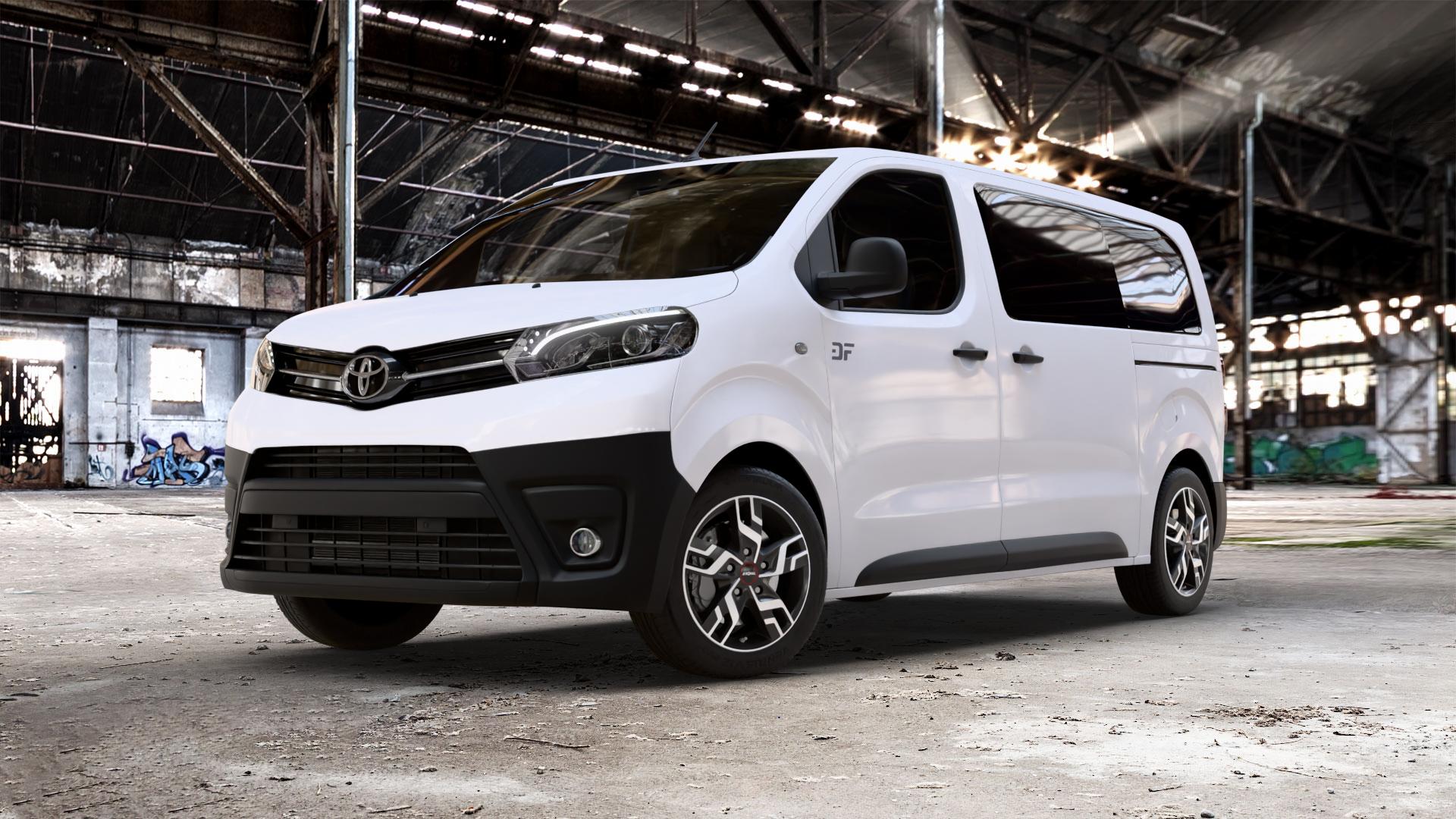 RONAL R64 JETBLACK MATT FRONTKOPIERT Felge mit Reifen silber schwarz mehrfarbig in 17Zoll Winterfelge Alufelge auf weissem Toyota Proace II Verso Typ V ⬇️ mit 15mm Tieferlegung ⬇️ Old Industrial Hall_max_5300mm_2024 Frontansicht_1