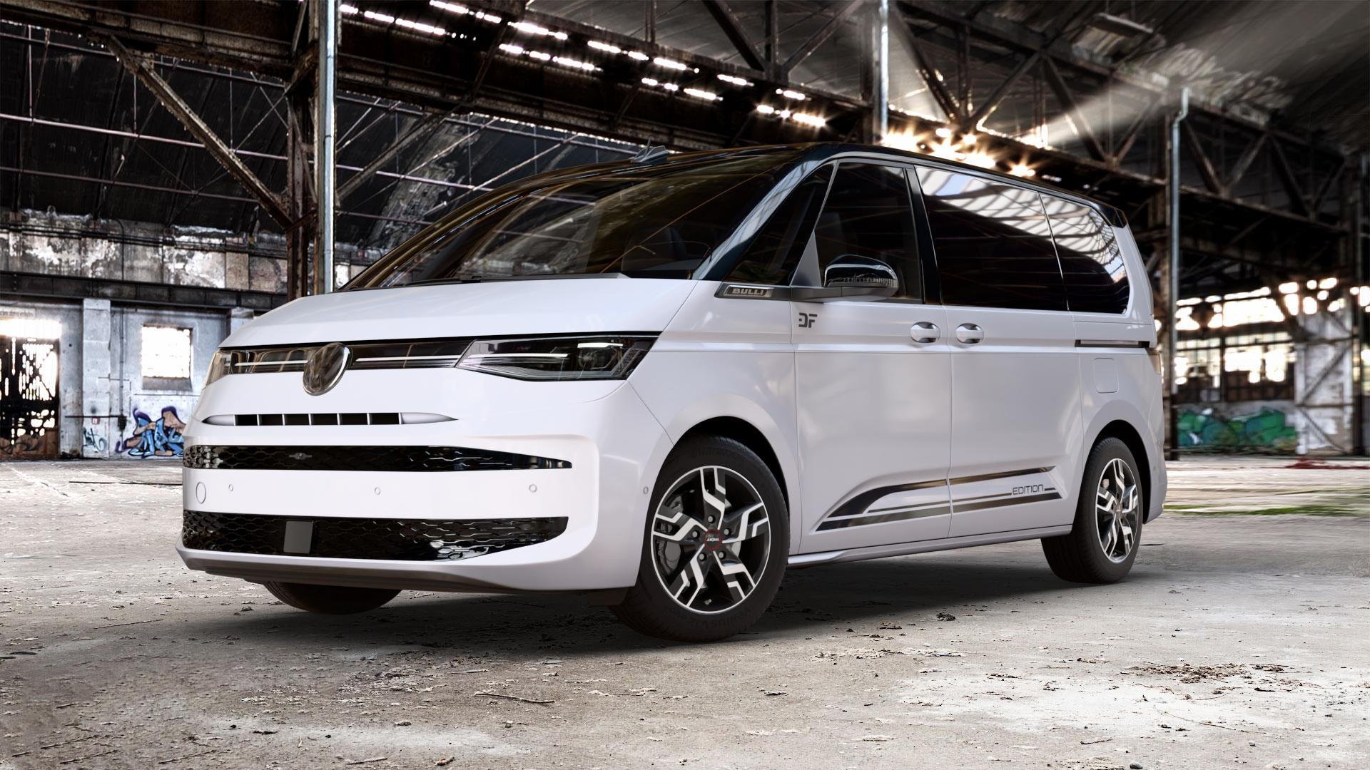 RONAL R64 JETBLACK MATT FRONTKOPIERT Felge mit Reifen silber schwarz mehrfarbig in 17Zoll Winterfelge Alufelge auf weissem und schwarzem Volkswagen (VW) T7 Multivan Bus ⬇️ mit 15mm Tieferlegung ⬇️ Old Industrial Hall_max_5300mm_2024 Frontansicht_1