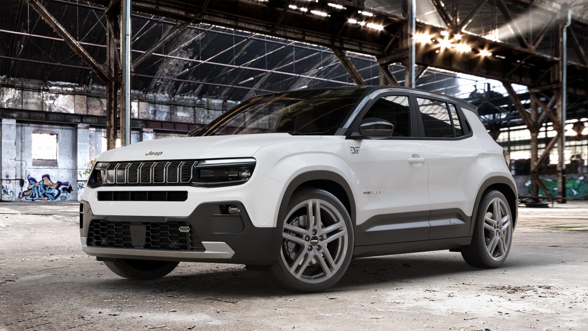 RONAL R65 CERIUM GREY Felge mit Reifen grau anthrazit in 19Zoll Winterfelge Alufelge auf weissem Jeep Avenger Typ FH1 ⬇️ mit 15mm Tieferlegung ⬇️ Old Industrial Hall_max_4400mm_2024 Frontansicht_1